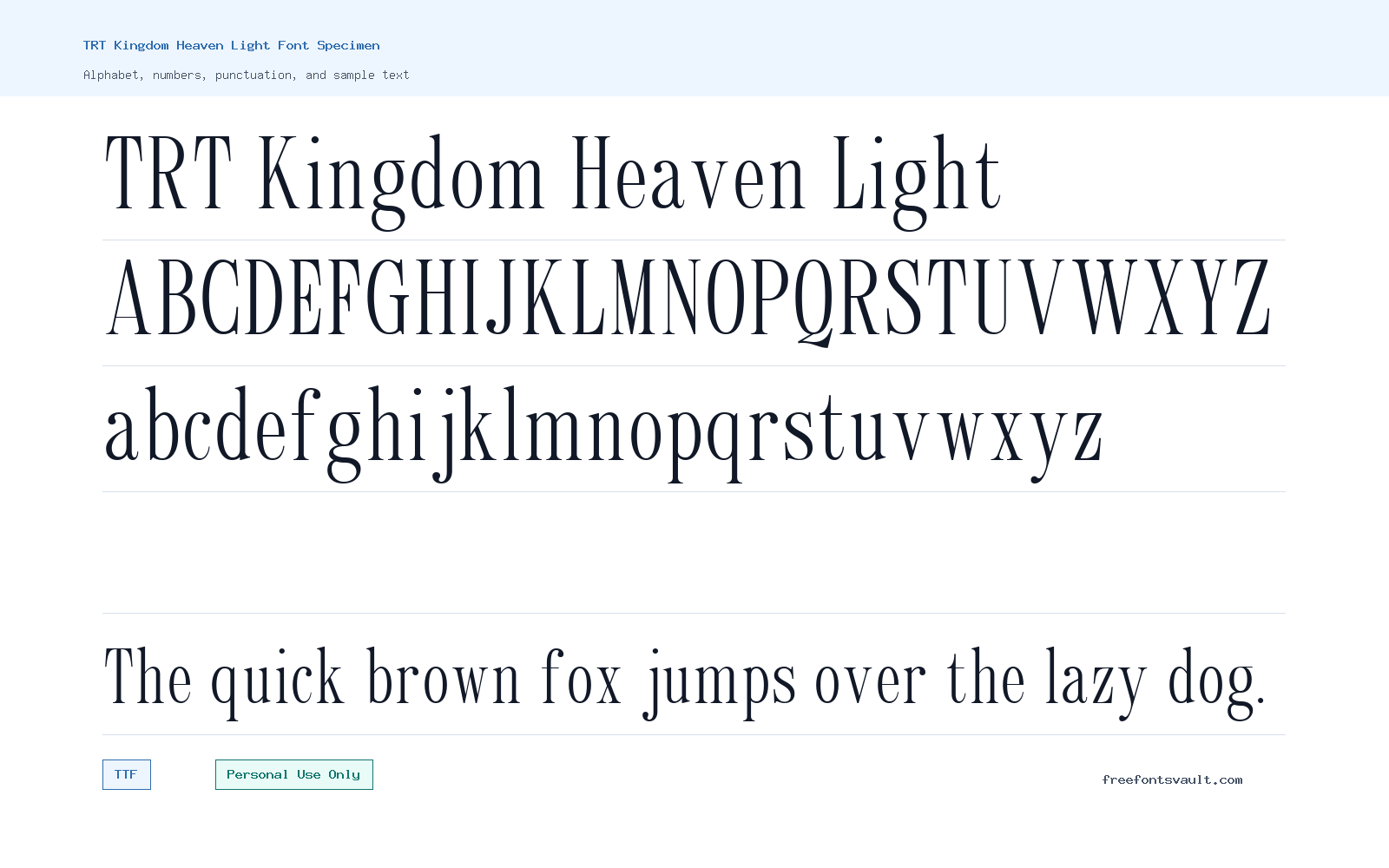 TRT Kingdom Heaven Light font specimen showing alphabet, numbers, and sample text