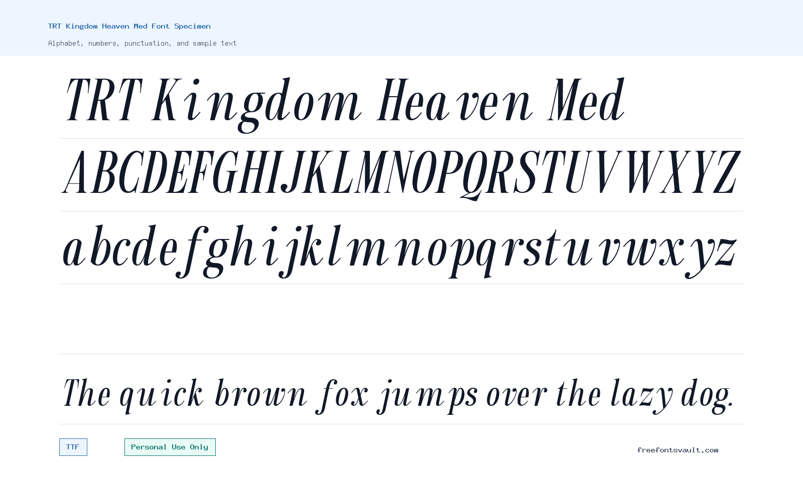 TRT Kingdom Heaven Med font specimen showing alphabet, numbers, and sample text