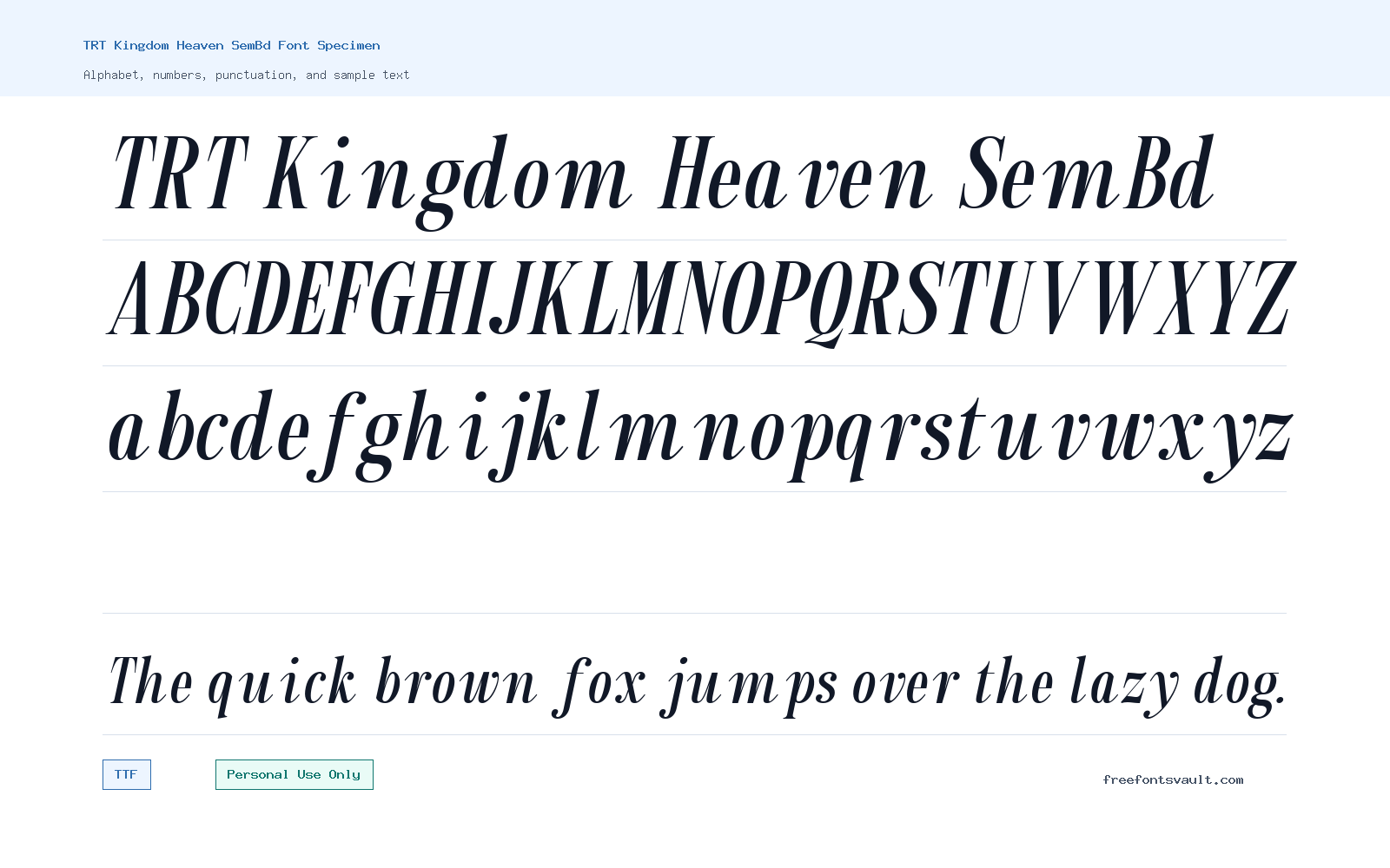 TRT Kingdom Heaven SemBd font specimen showing alphabet, numbers, and sample text