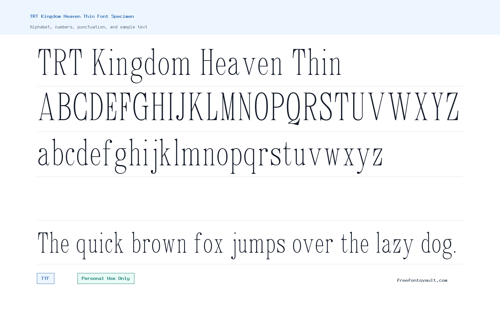 TRT Kingdom Heaven Thin font specimen showing alphabet, numbers, and sample text