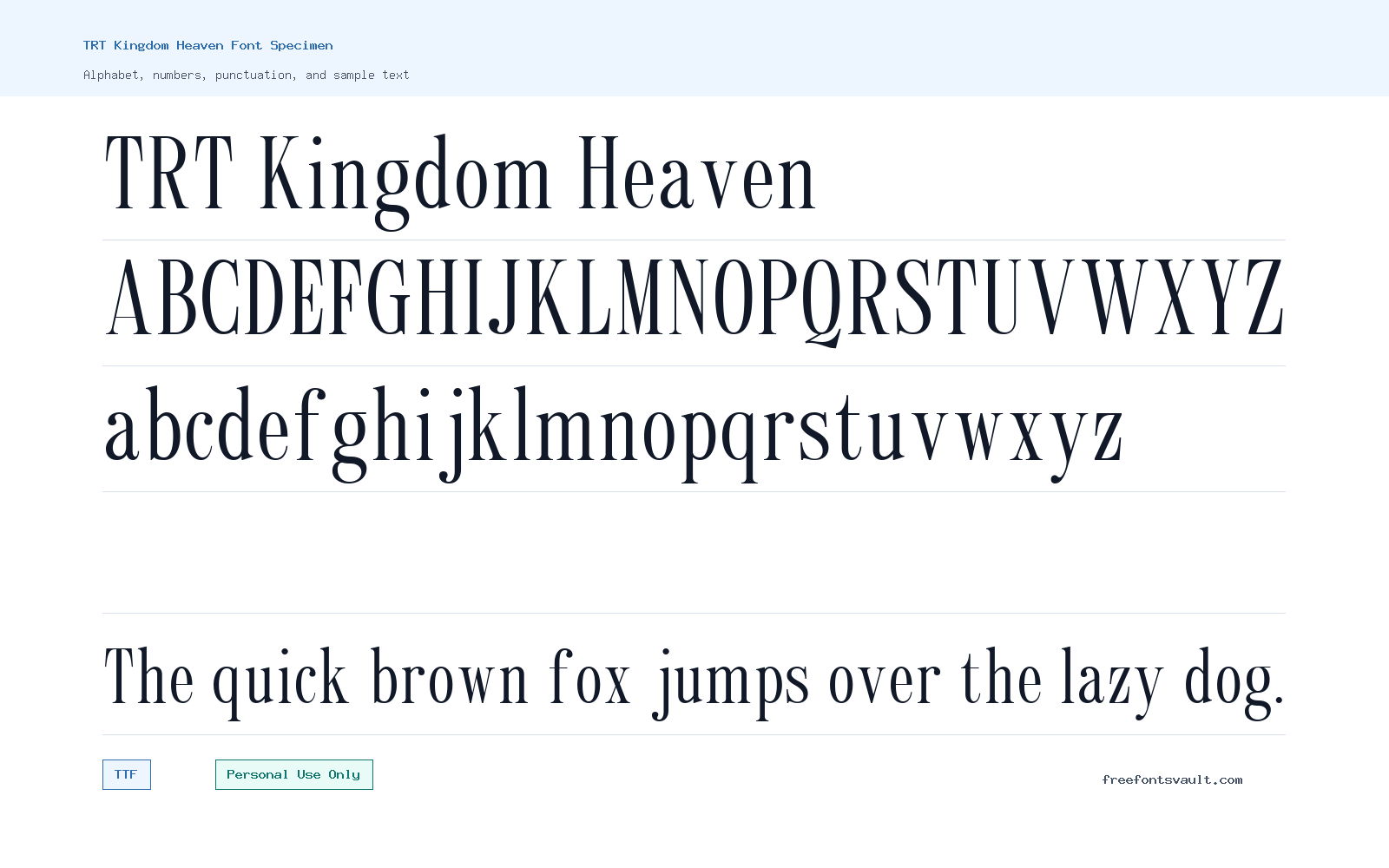 TRT Kingdom Heaven font specimen showing alphabet, numbers, and sample text