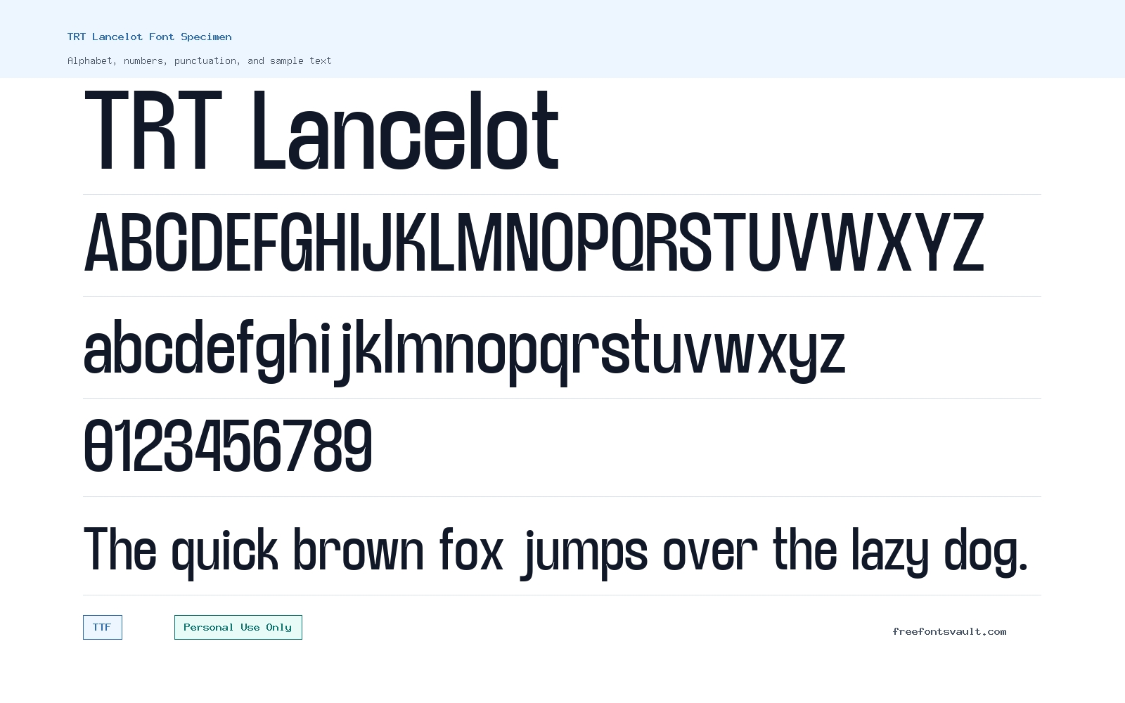 TRT Lancelot font specimen showing alphabet, numbers, and sample text