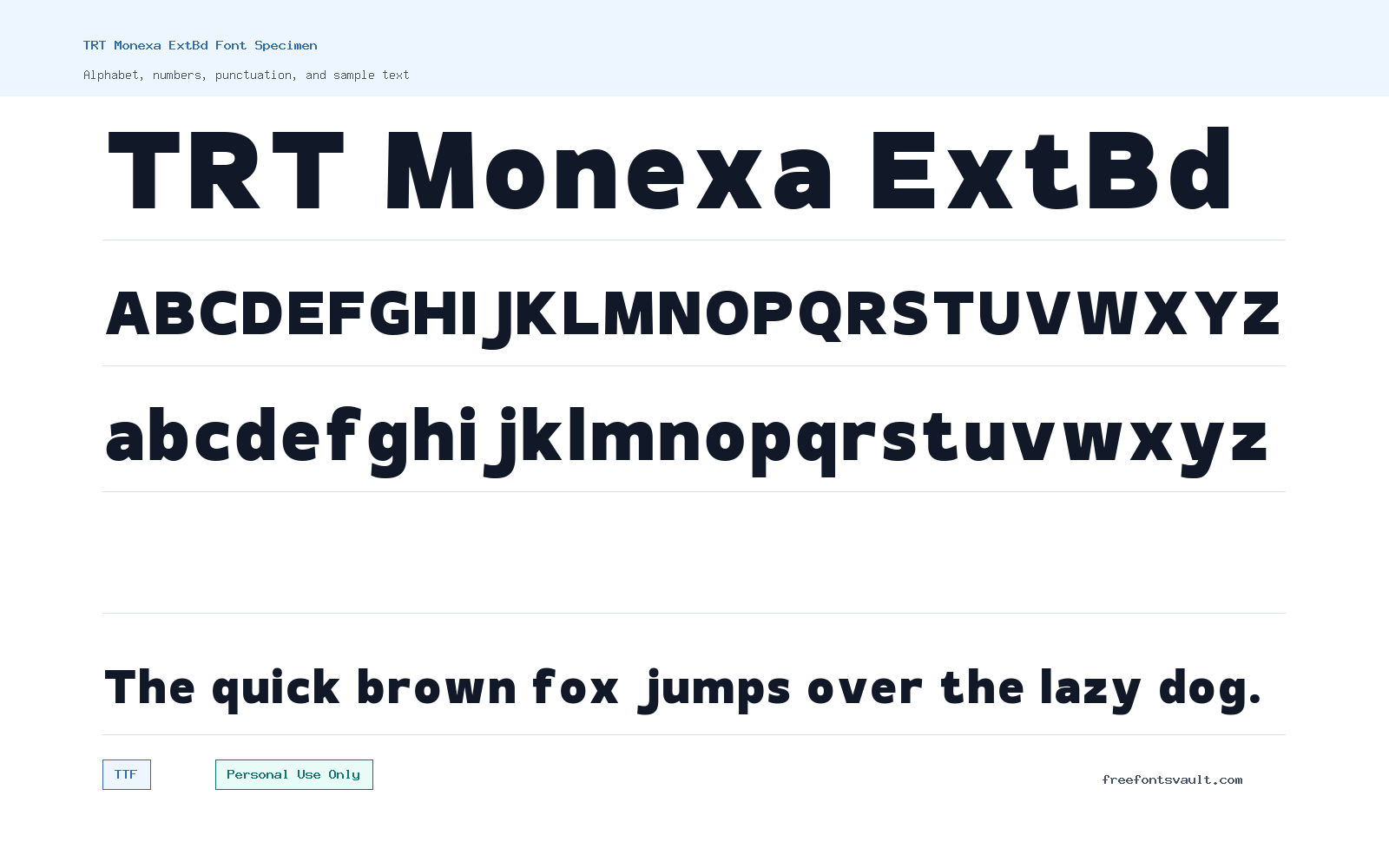 TRT Monexa ExtBd font specimen showing alphabet, numbers, and sample text