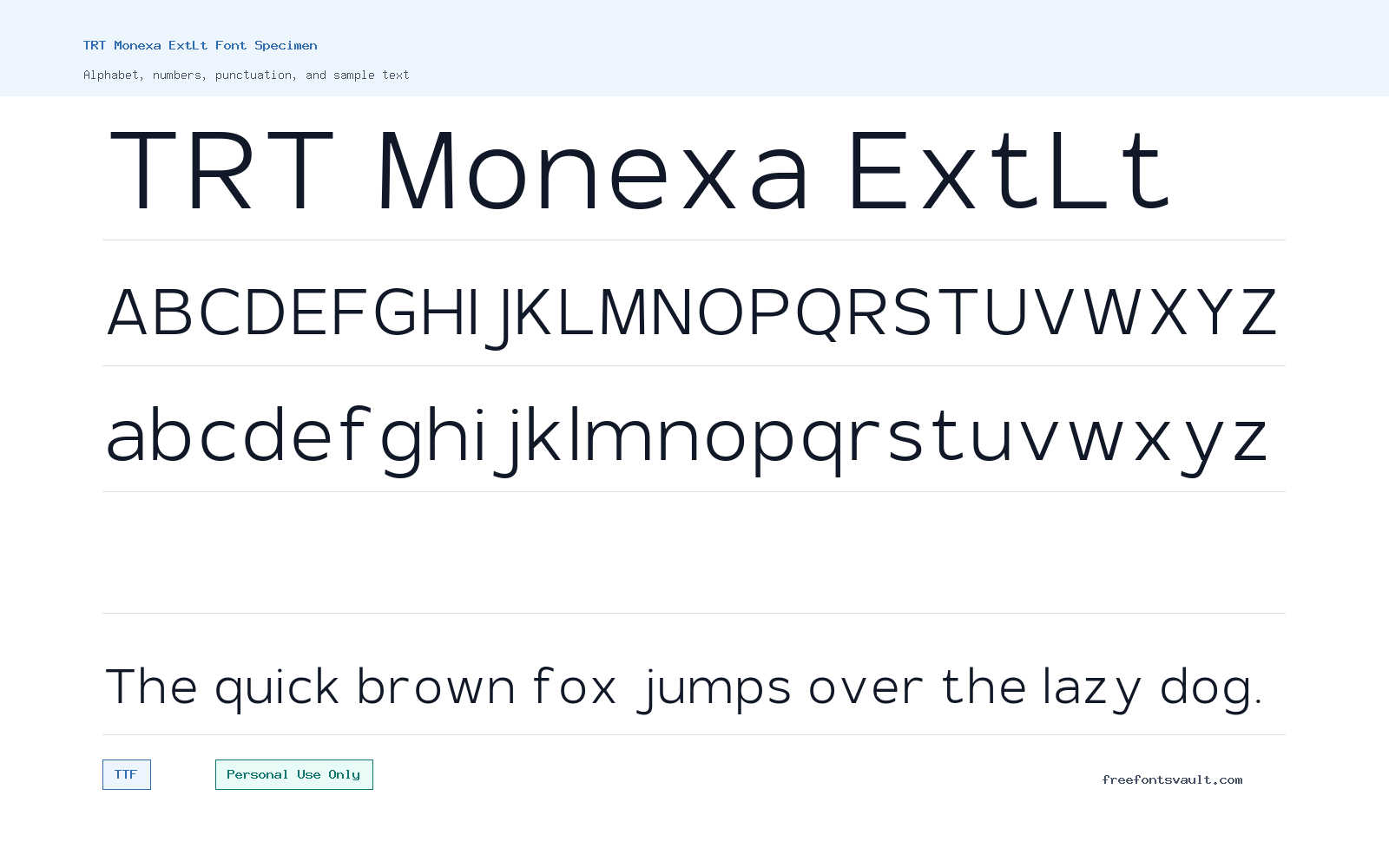 TRT Monexa ExtLt font specimen showing alphabet, numbers, and sample text