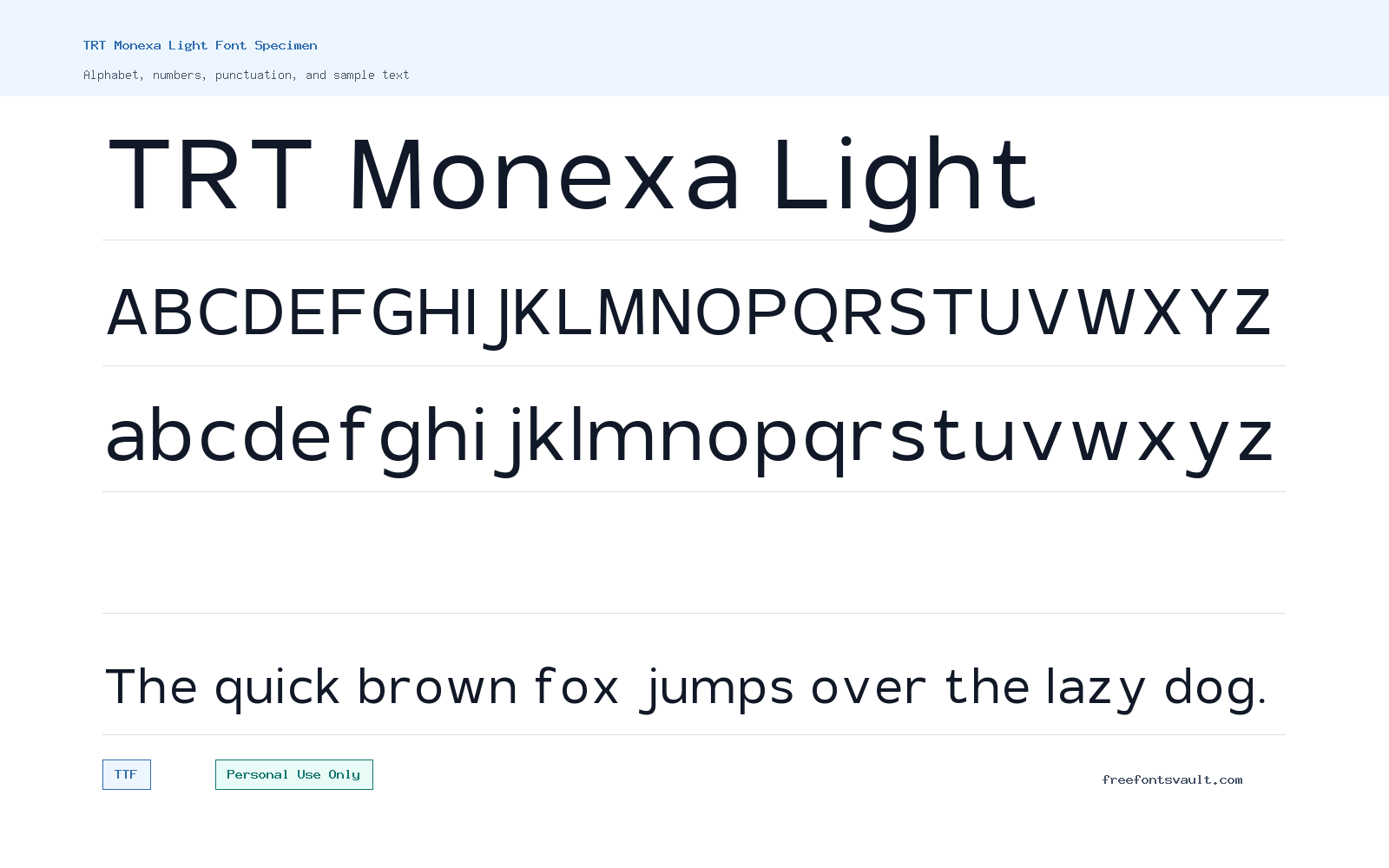 TRT Monexa Light font specimen showing alphabet, numbers, and sample text