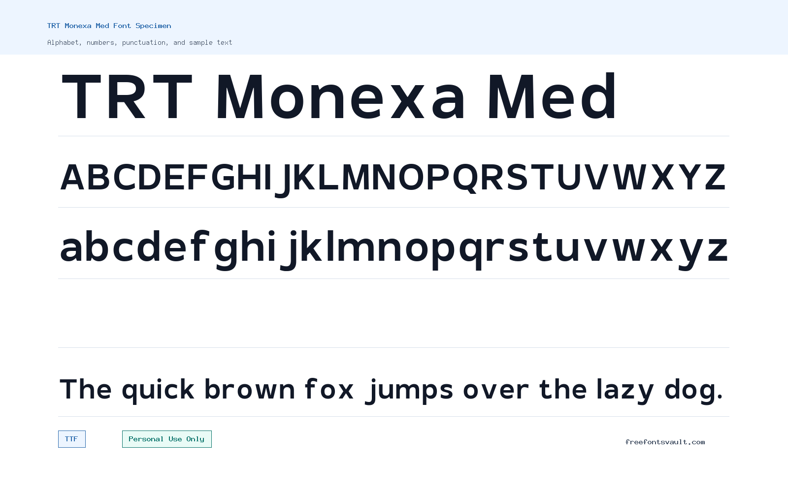 TRT Monexa Med font specimen showing alphabet, numbers, and sample text