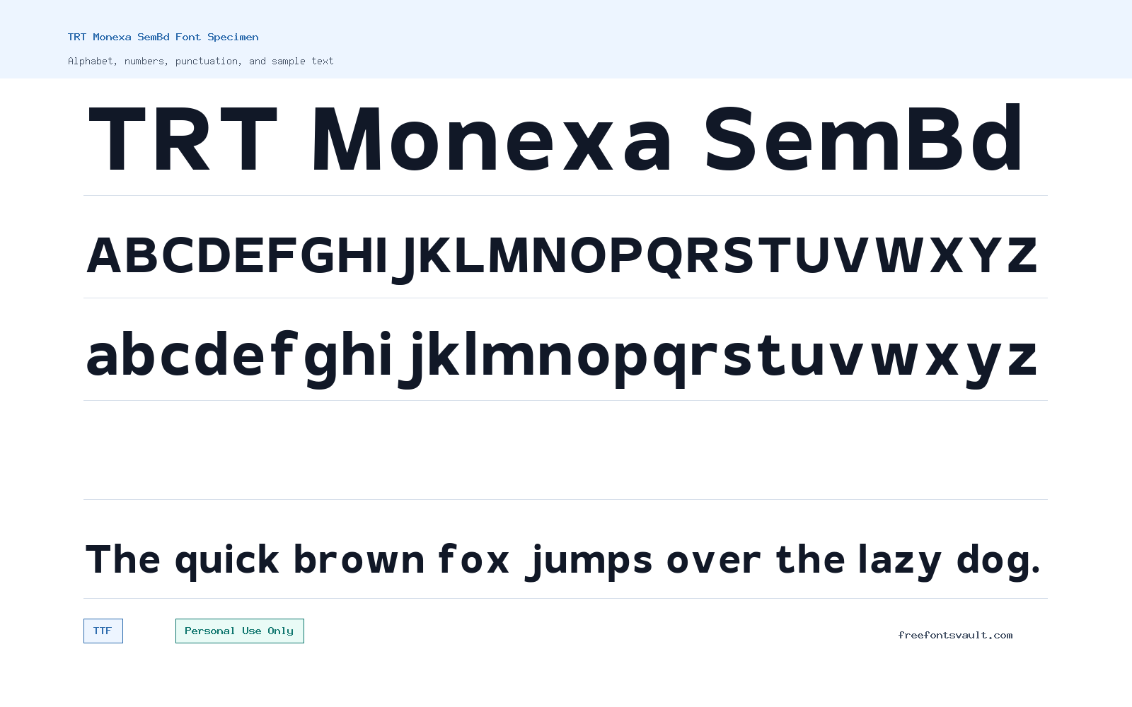 TRT Monexa SemBd font specimen showing alphabet, numbers, and sample text