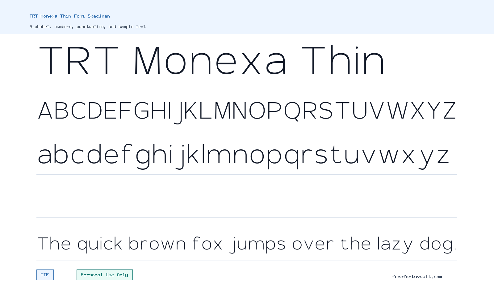 TRT Monexa Thin font specimen showing alphabet, numbers, and sample text