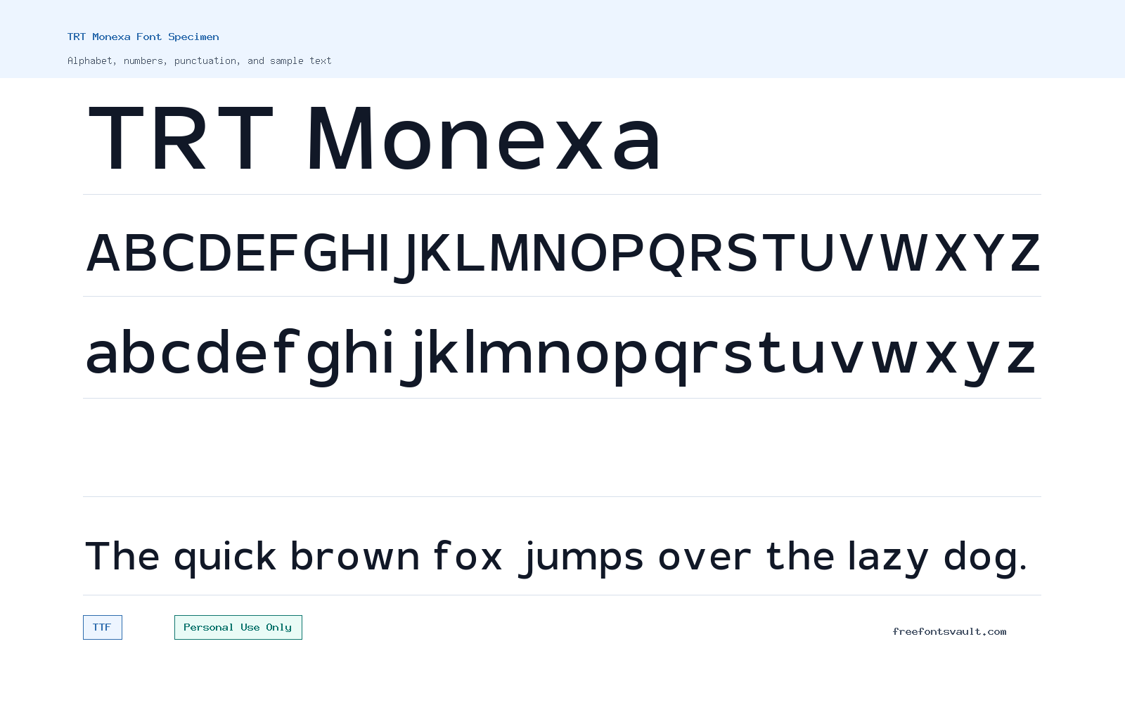 TRT Monexa font specimen showing alphabet, numbers, and sample text