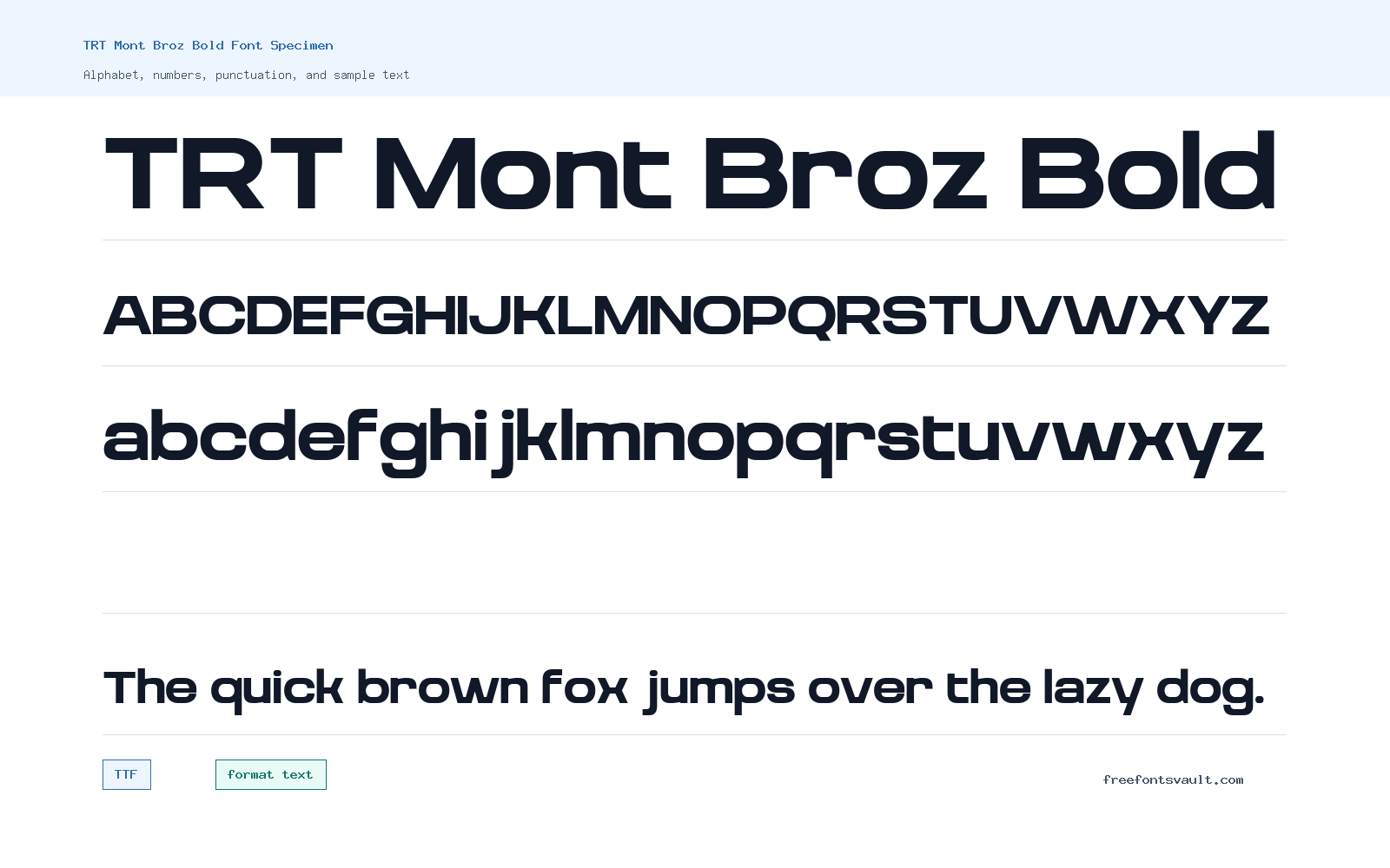 TRT Mont Broz Bold font specimen showing alphabet, numbers, and sample text