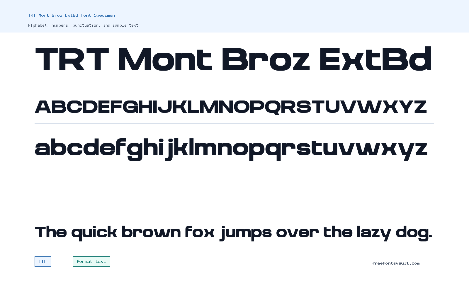 TRT Mont Broz ExtBd font specimen showing alphabet, numbers, and sample text