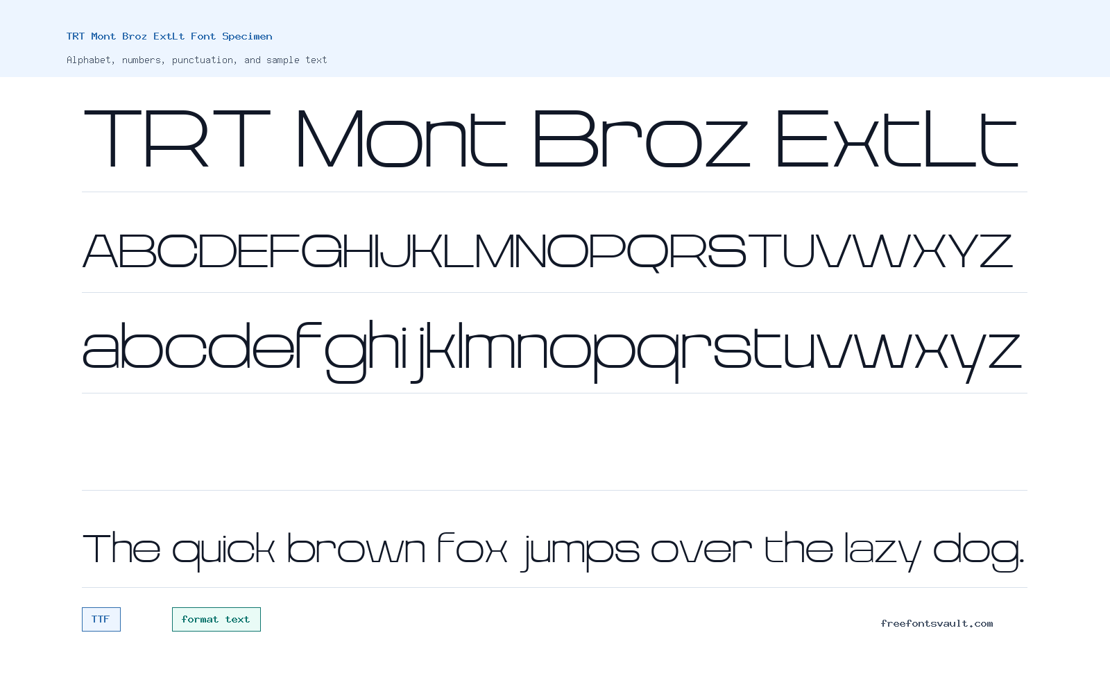 TRT Mont Broz ExtLt font specimen showing alphabet, numbers, and sample text