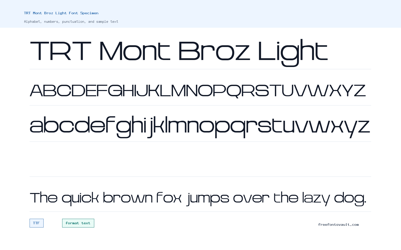 TRT Mont Broz Light font specimen showing alphabet, numbers, and sample text