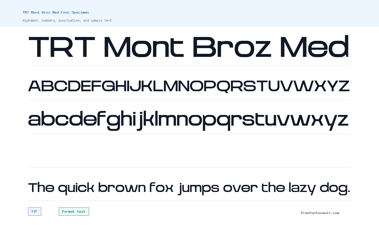 TRT Mont Broz Med font specimen showing alphabet, numbers, and sample text