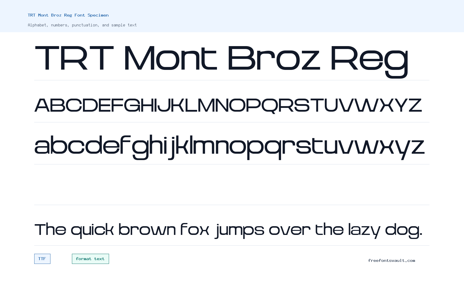 TRT Mont Broz Reg font specimen showing alphabet, numbers, and sample text