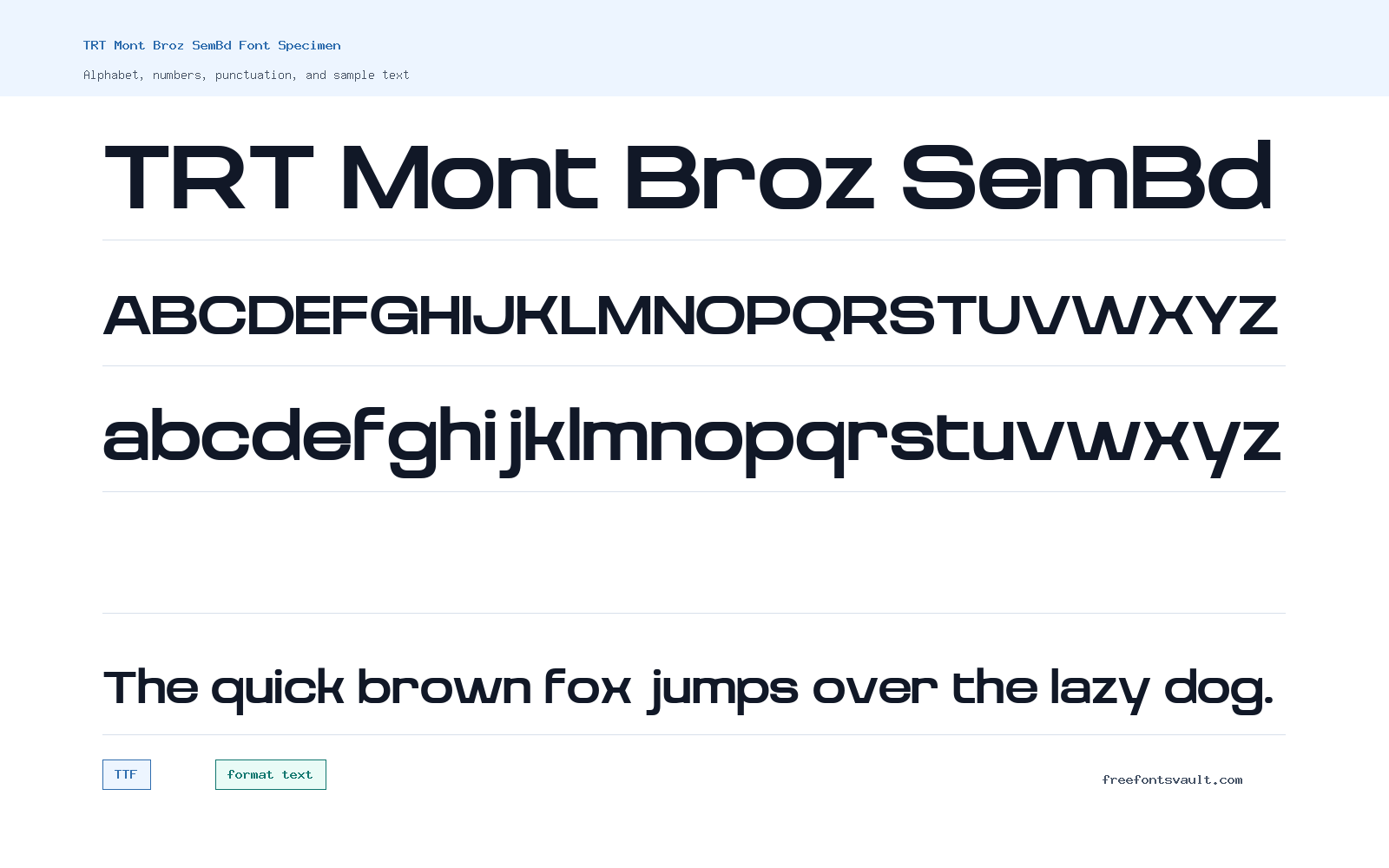 TRT Mont Broz SemBd font specimen showing alphabet, numbers, and sample text