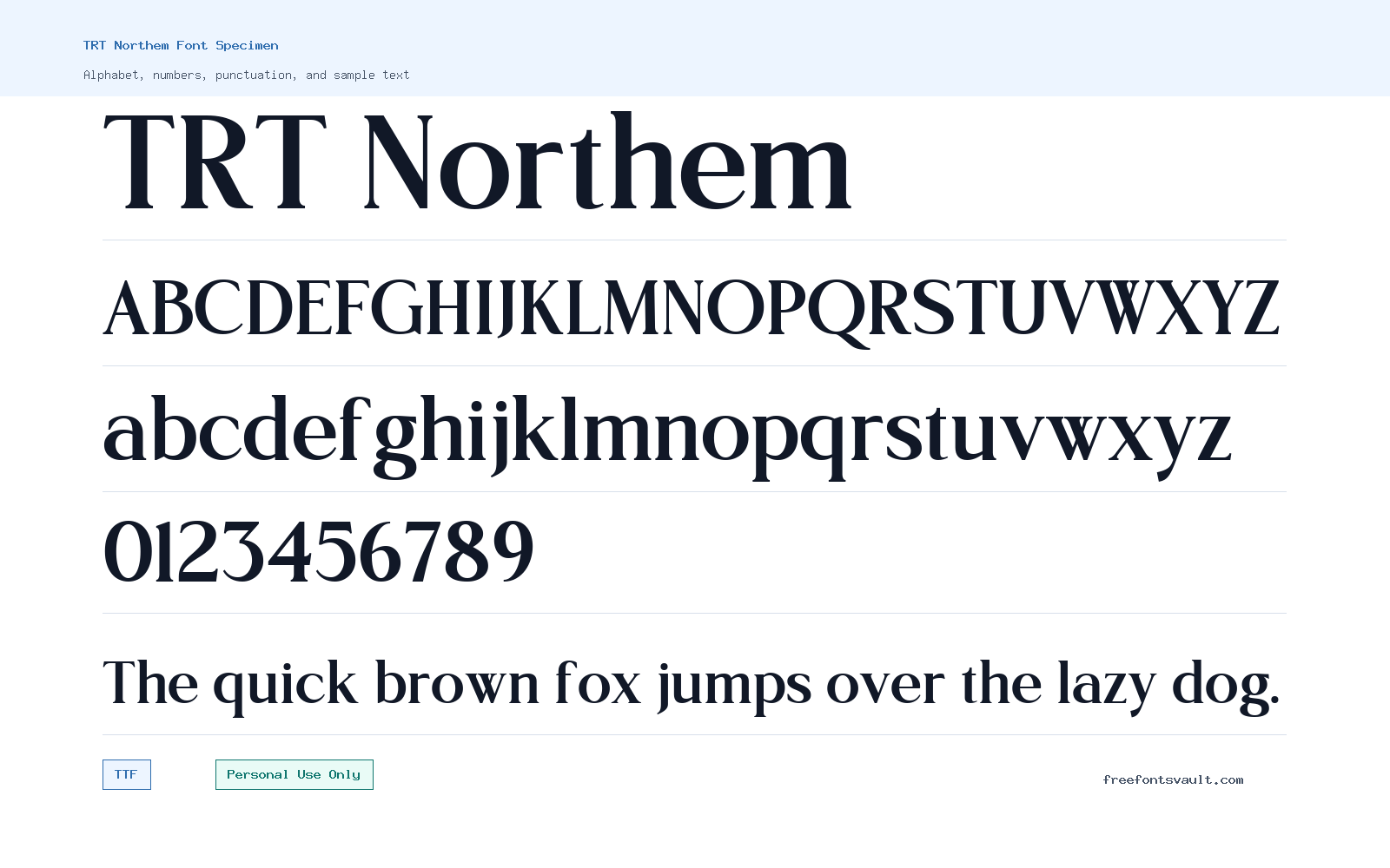 TRT Northem font specimen showing alphabet, numbers, and sample text