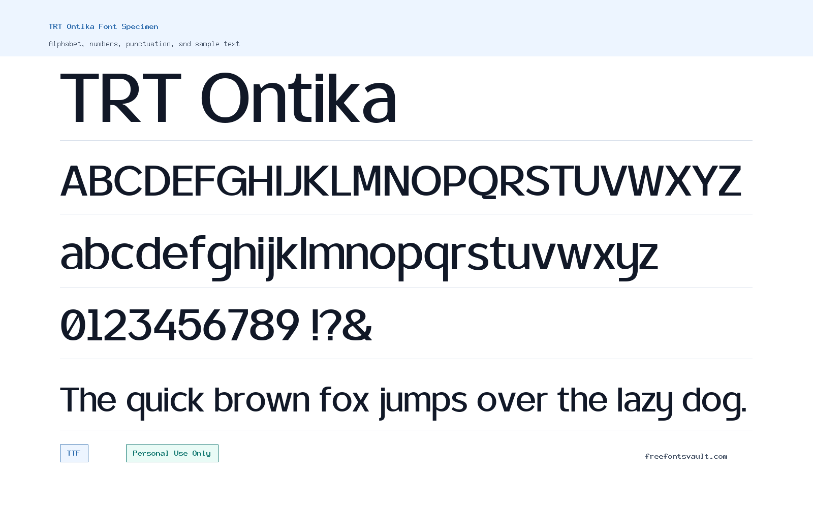 TRT Ontika font specimen showing alphabet, numbers, and sample text