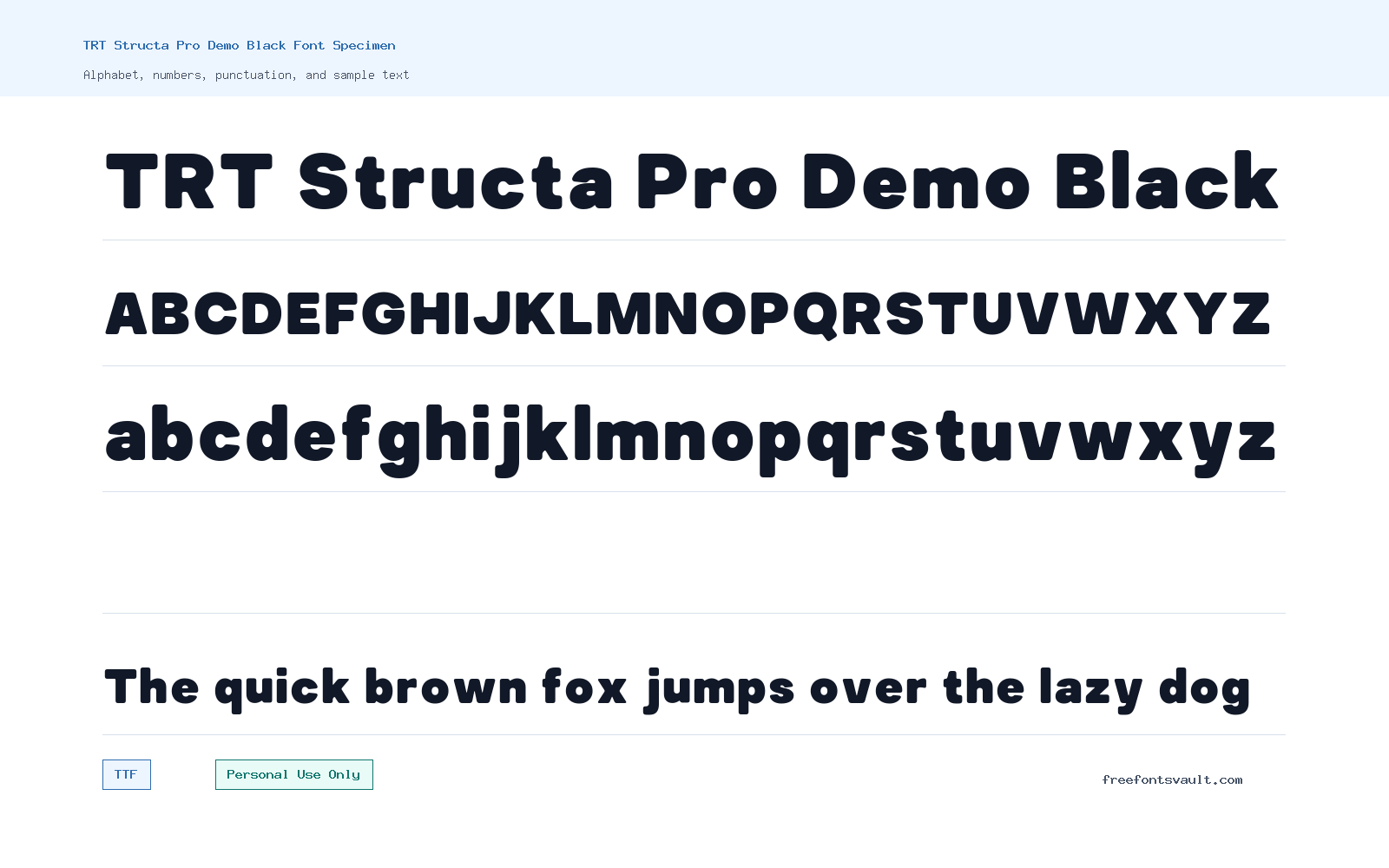TRT Structa Pro Demo Black font specimen showing alphabet, numbers, and sample text