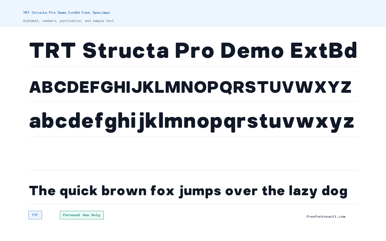 TRT Structa Pro Demo ExtBd font specimen showing alphabet, numbers, and sample text