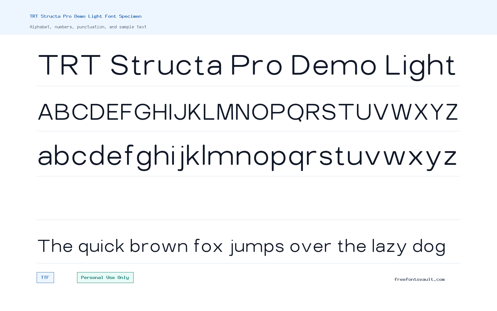 TRT Structa Pro Demo Light font specimen showing alphabet, numbers, and sample text