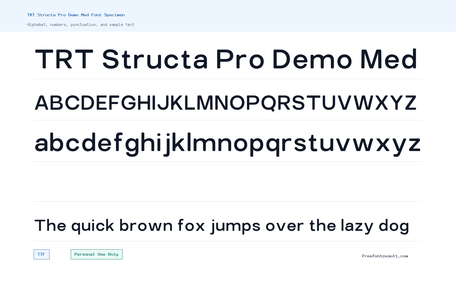 TRT Structa Pro Demo Med font specimen showing alphabet, numbers, and sample text