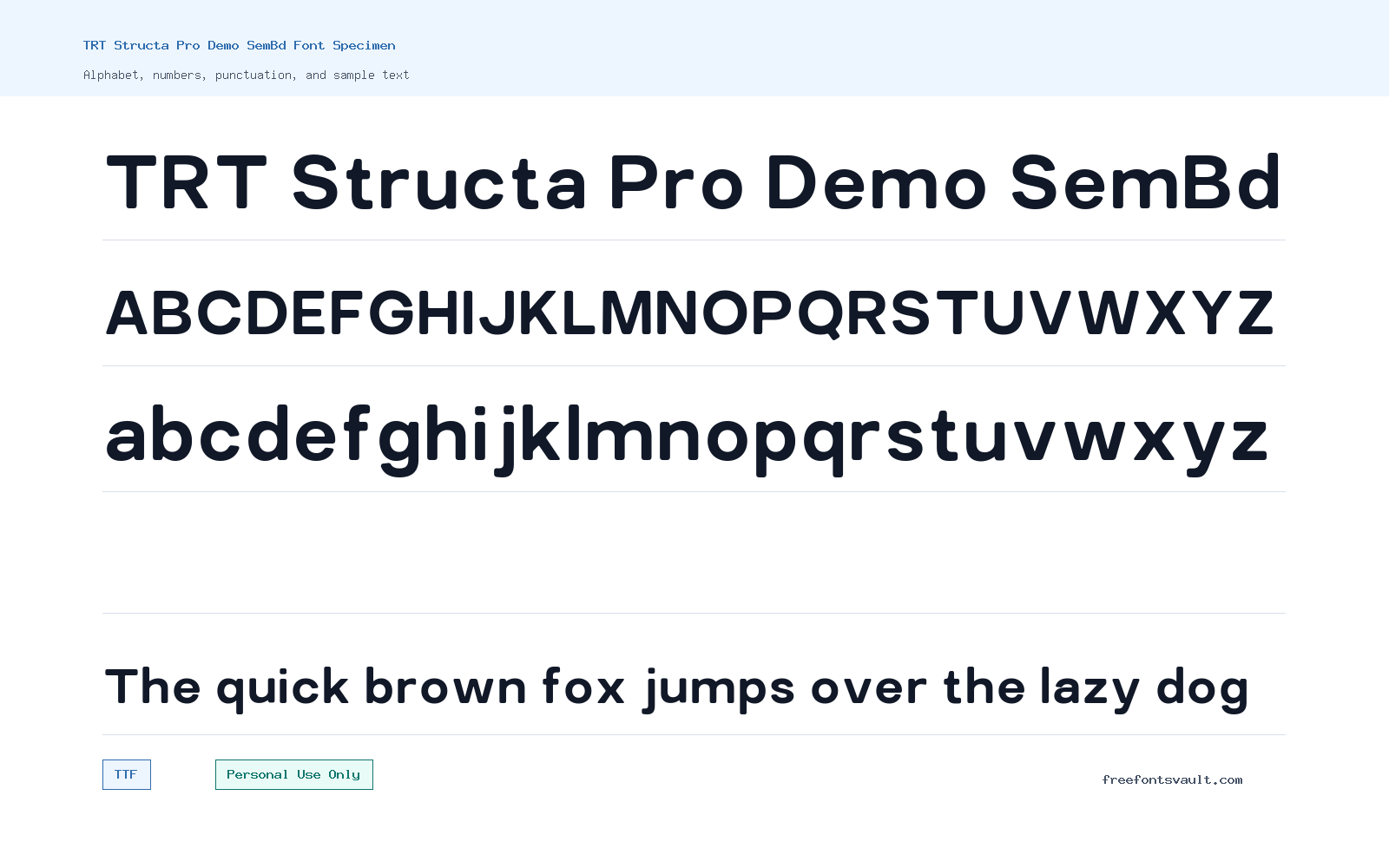 TRT Structa Pro Demo SemBd font specimen showing alphabet, numbers, and sample text