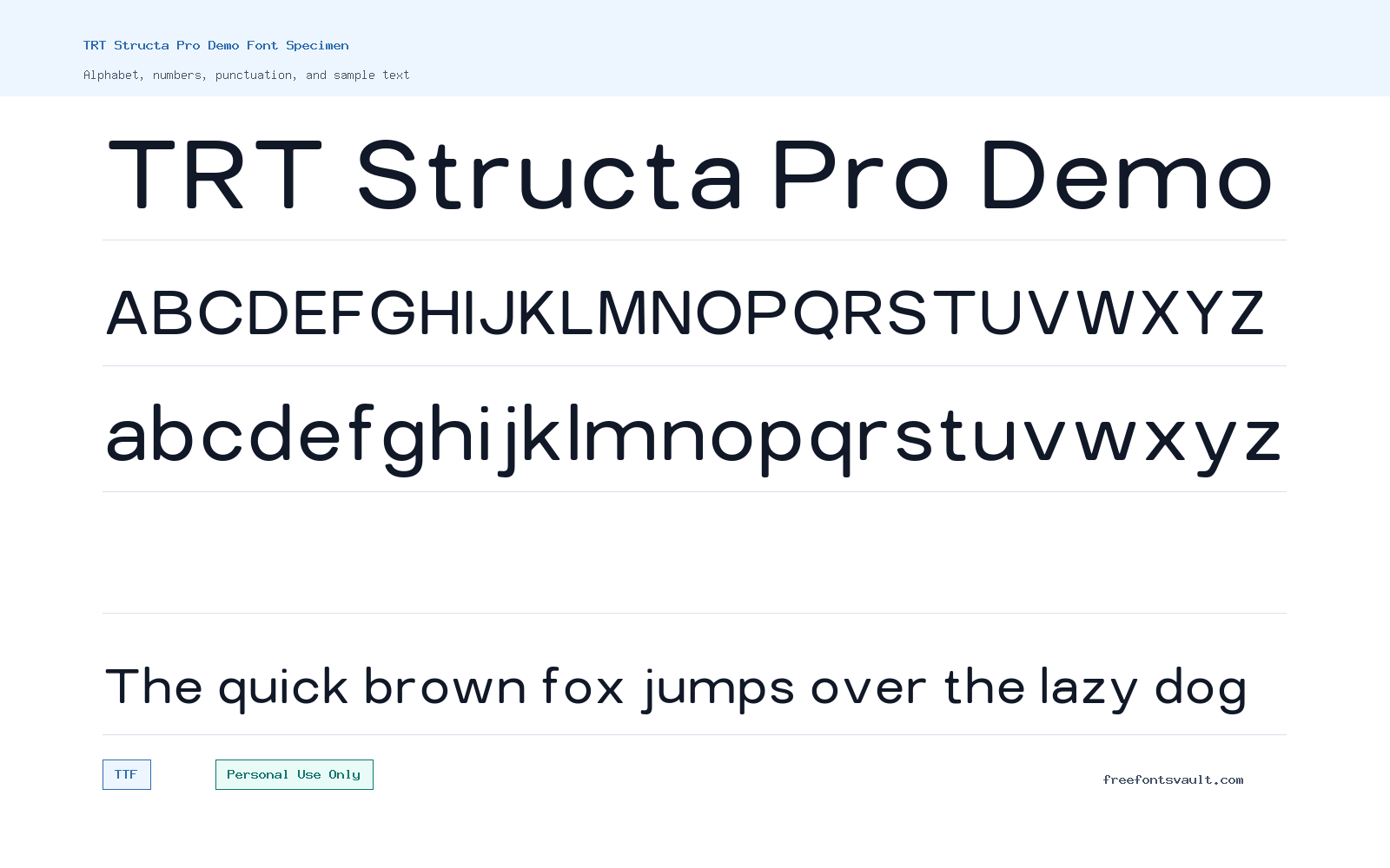 TRT Structa Pro Demo font specimen showing alphabet, numbers, and sample text