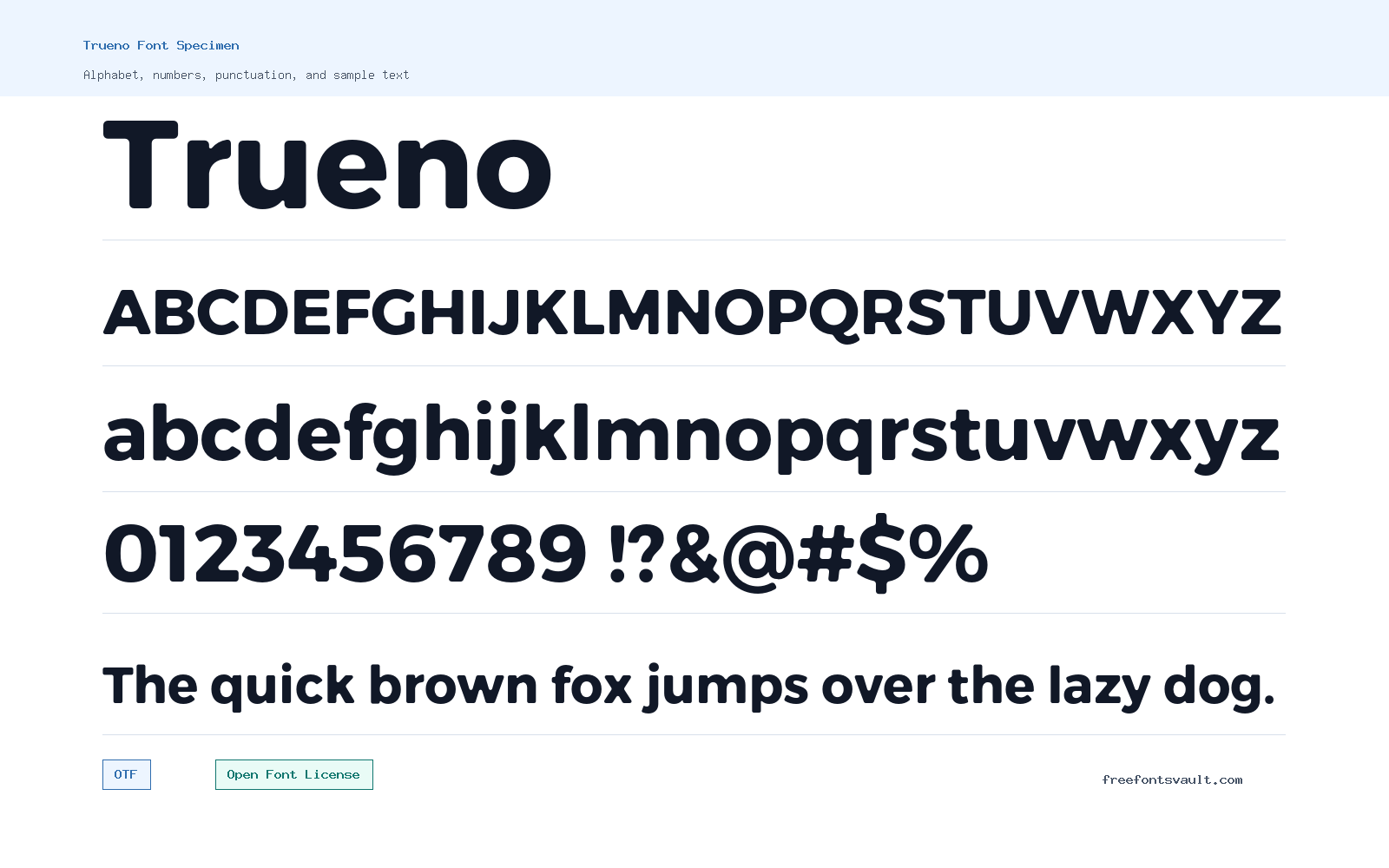 Trueno font specimen showing alphabet, numbers, and sample text