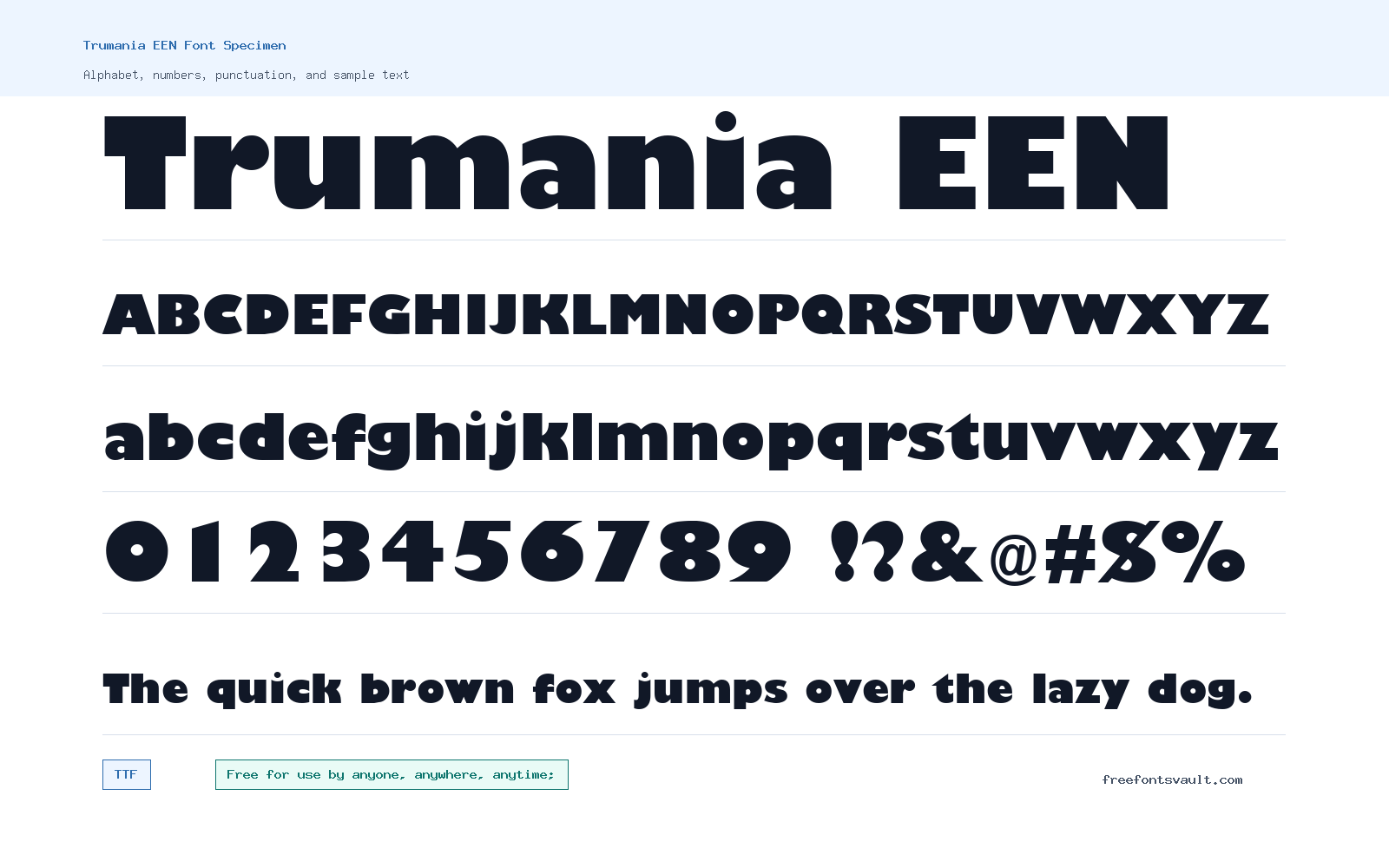Trumania EEN font specimen showing alphabet, numbers, and sample text