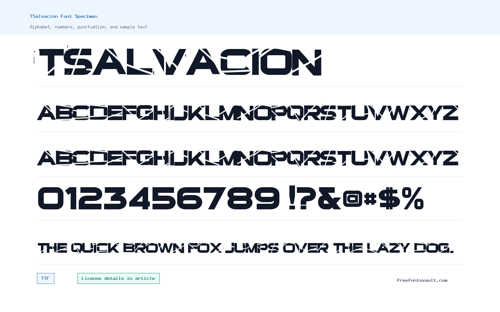 TSalvacion font specimen showing alphabet, numbers, and sample text