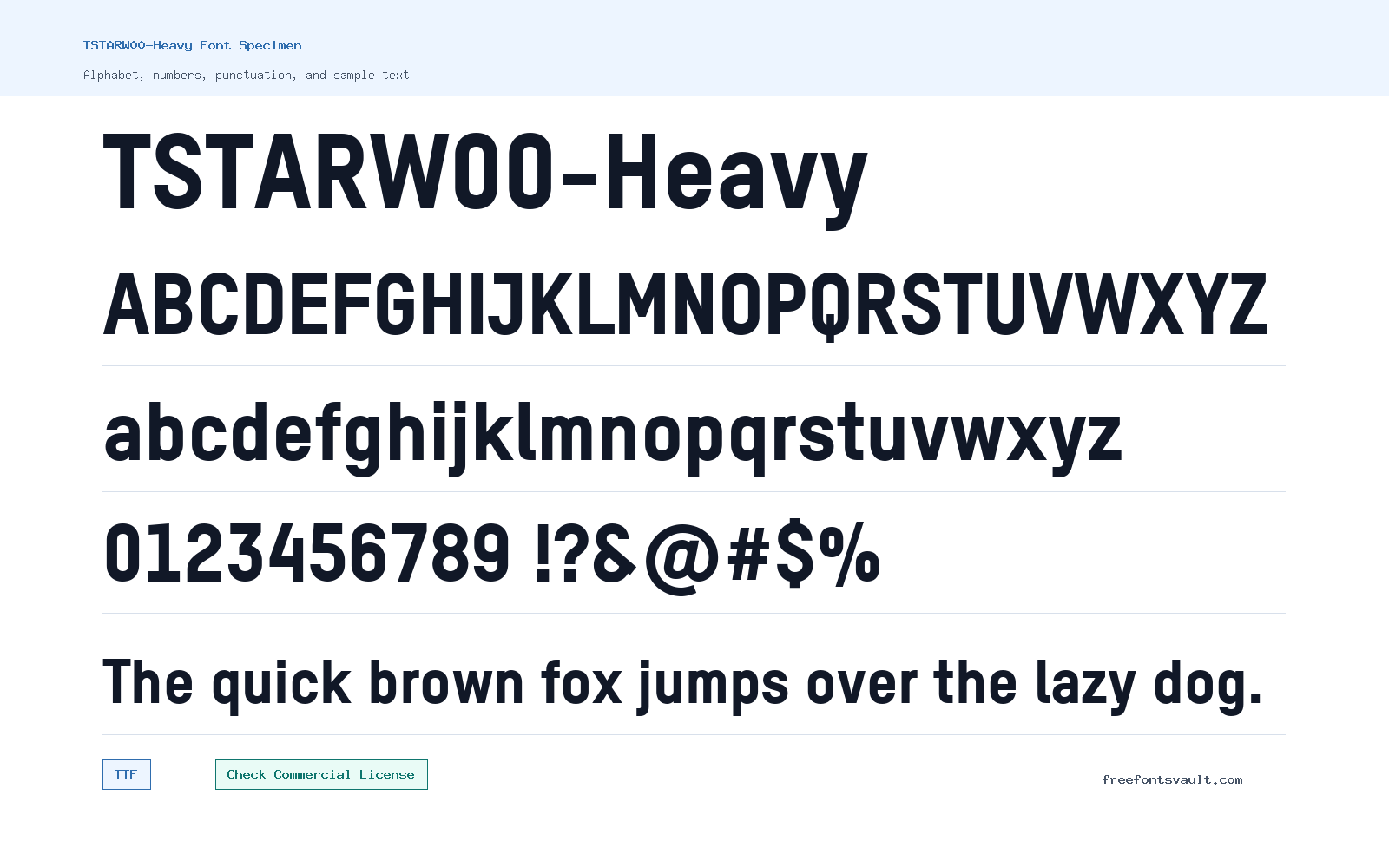 TSTARW00-Heavy font specimen showing alphabet, numbers, and sample text