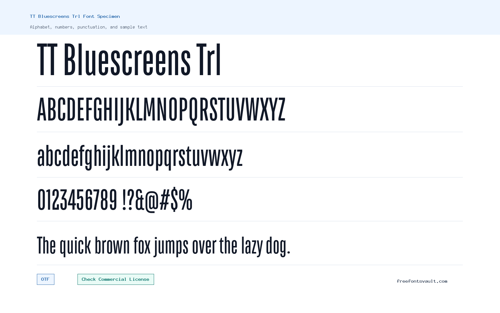 TT Bluescreens Trl font specimen showing alphabet, numbers, and sample text