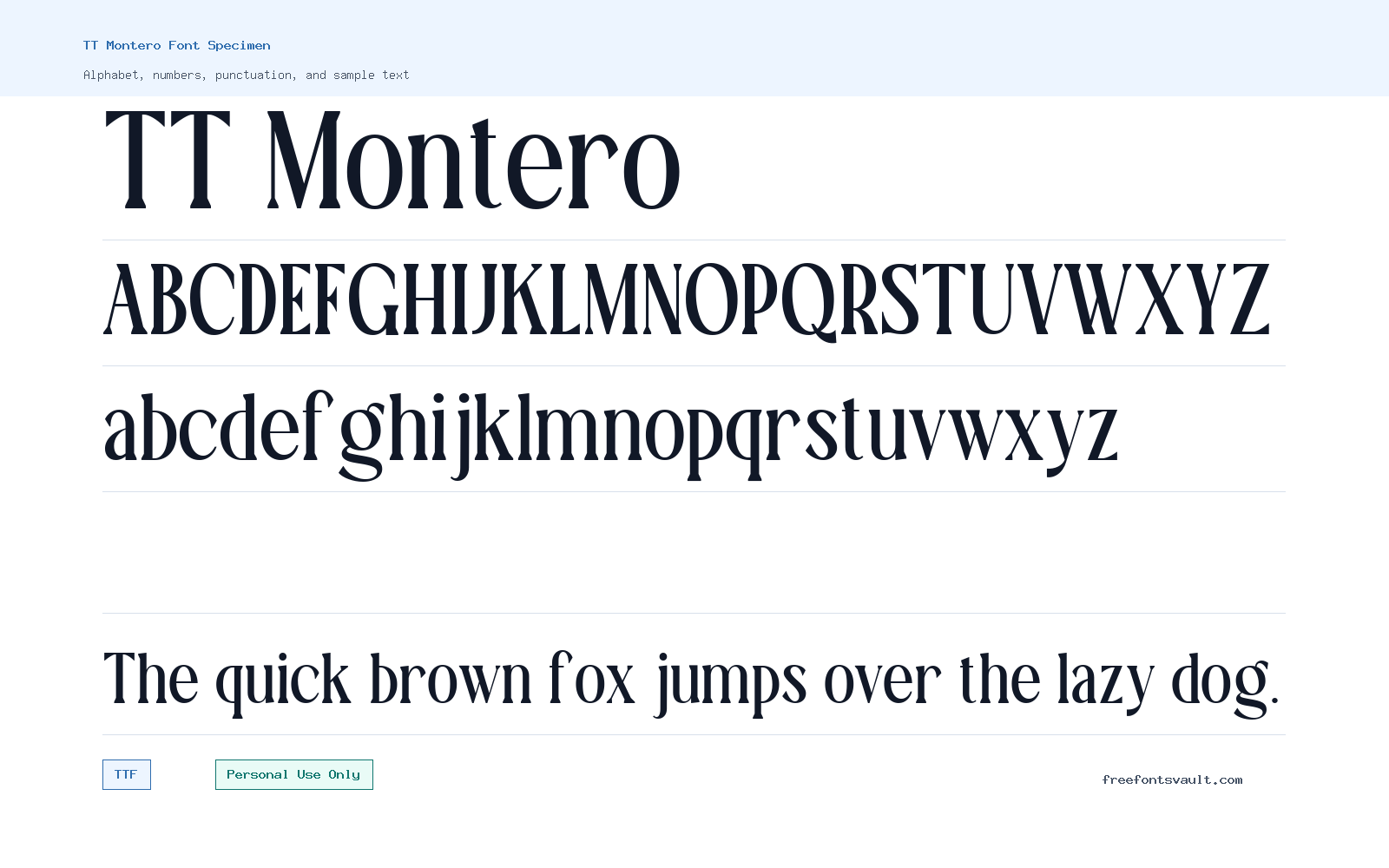 TT Montero font specimen showing alphabet, numbers, and sample text