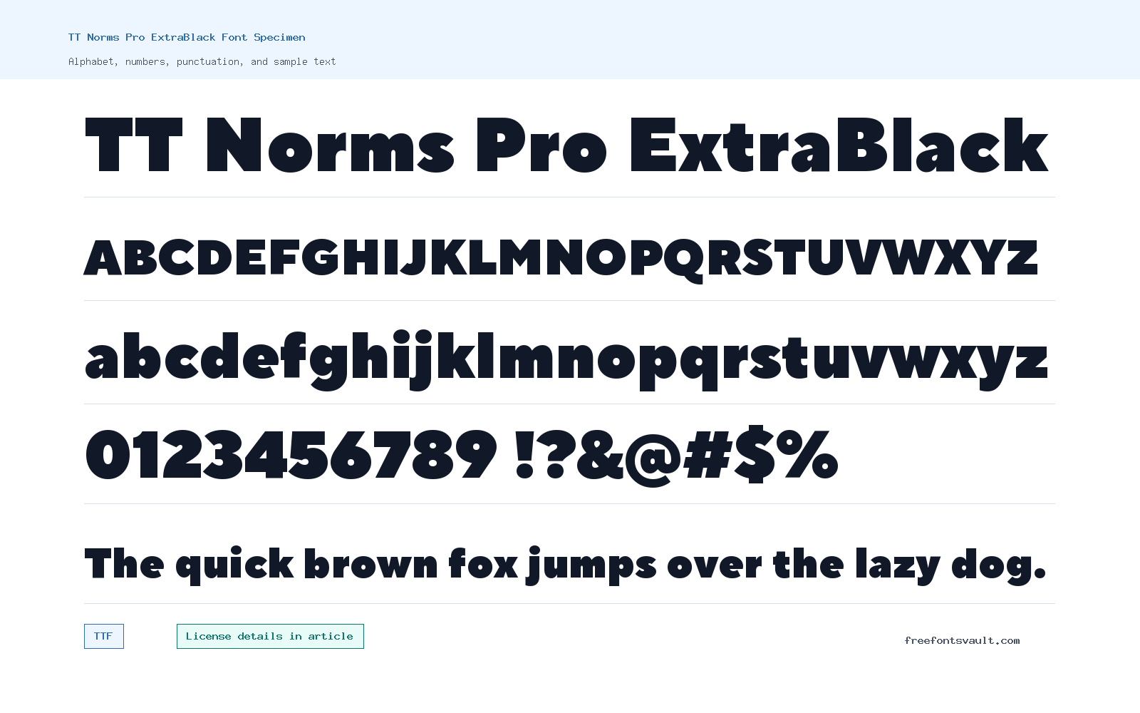 TT Norms Pro ExtraBlack font specimen showing alphabet, numbers, and sample text