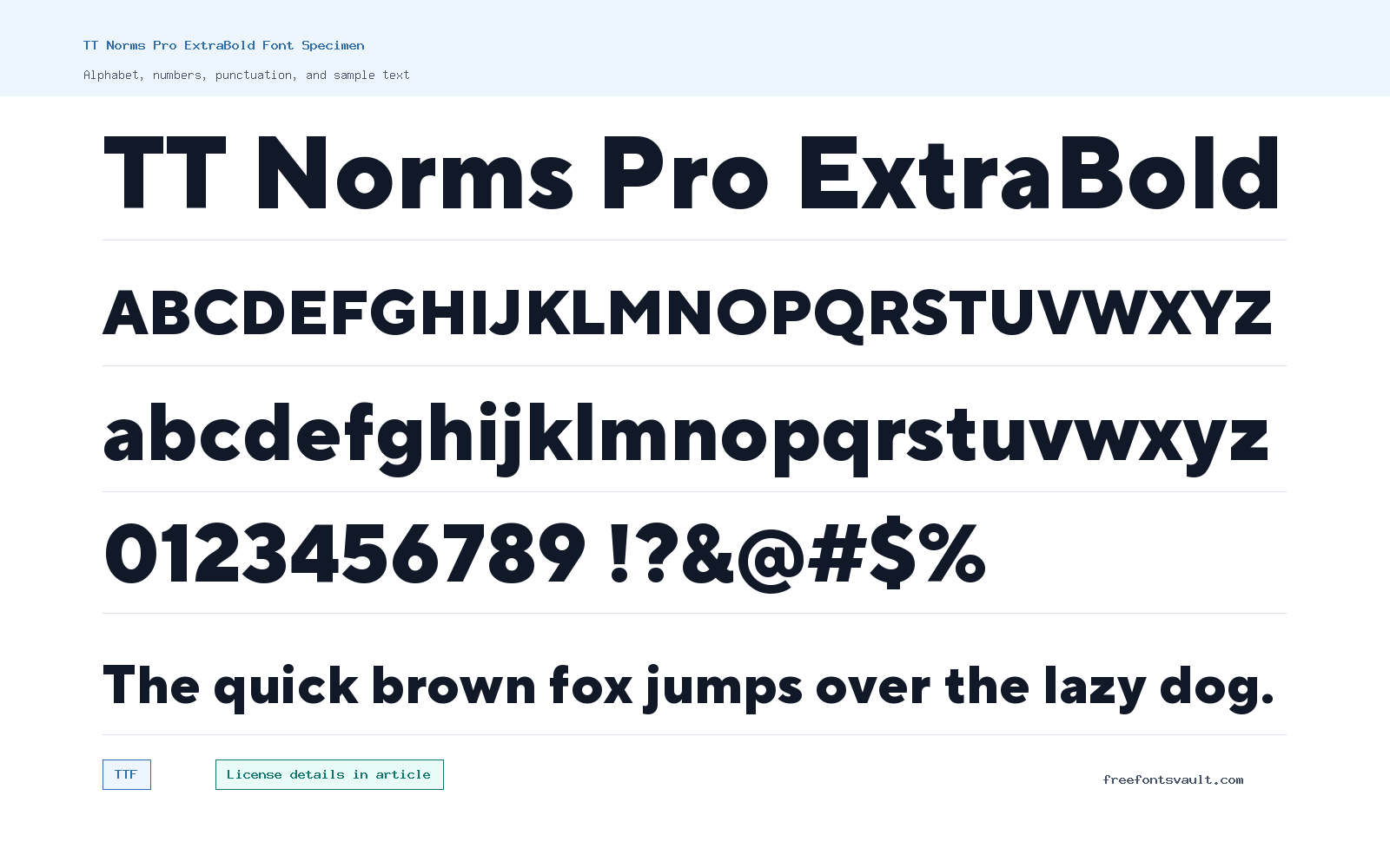 TT Norms Pro ExtraBold font specimen showing alphabet, numbers, and sample text