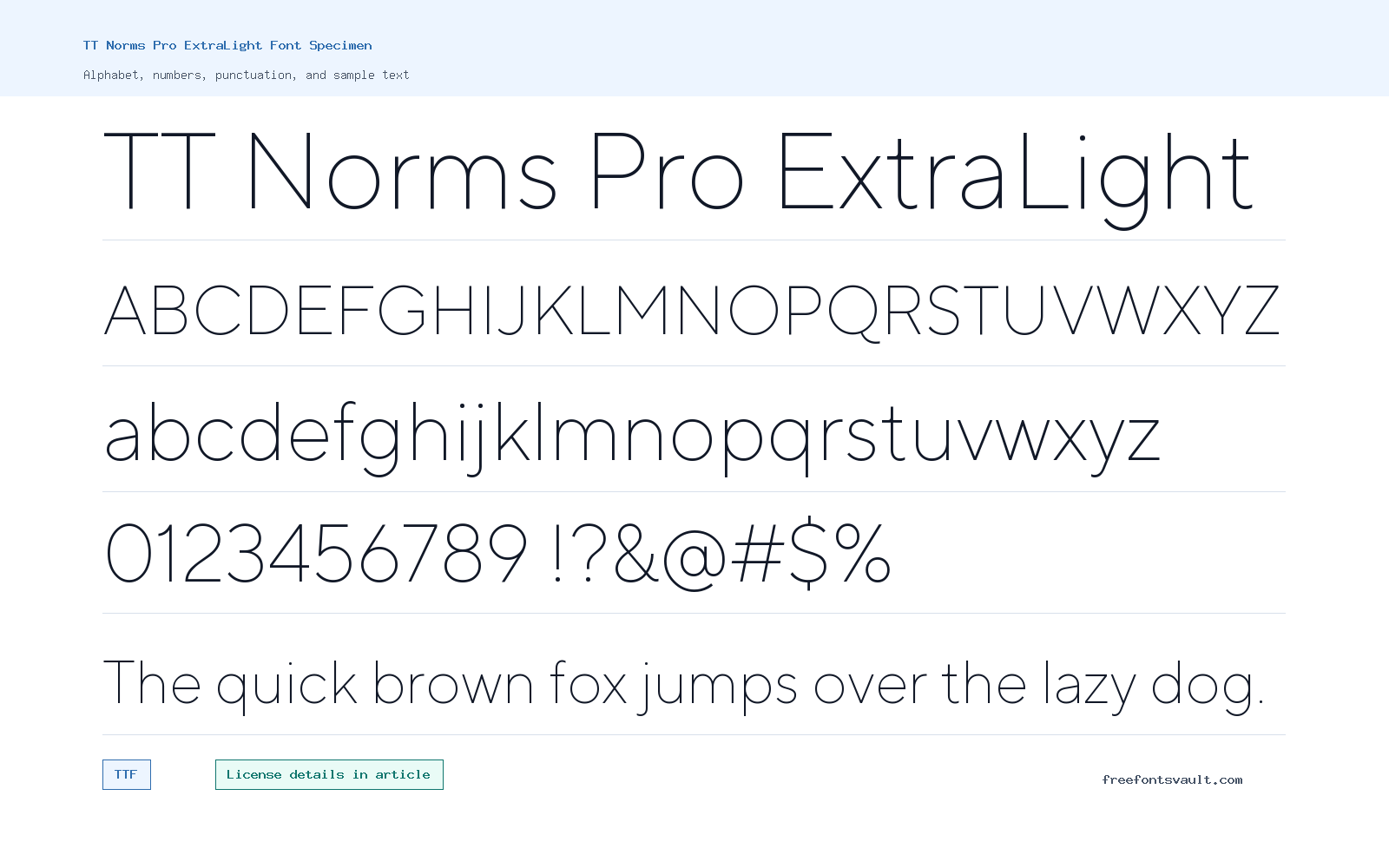 TT Norms Pro ExtraLight font specimen showing alphabet, numbers, and sample text