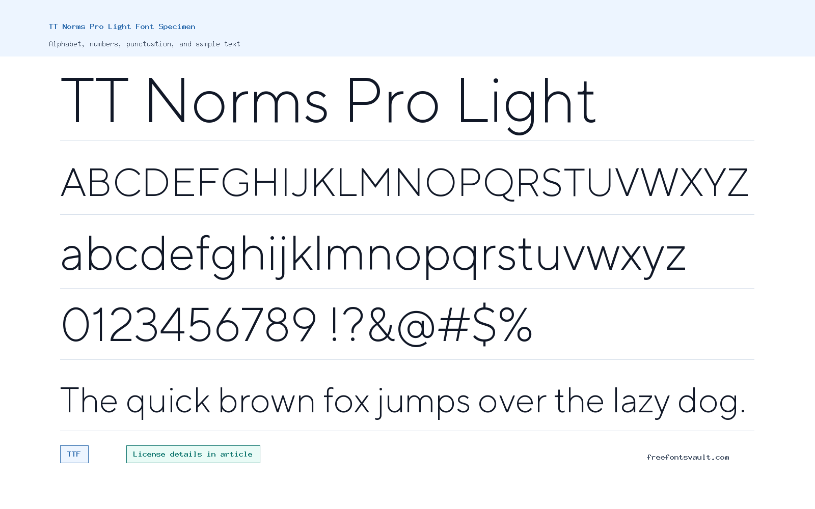 TT Norms Pro Light font specimen showing alphabet, numbers, and sample text
