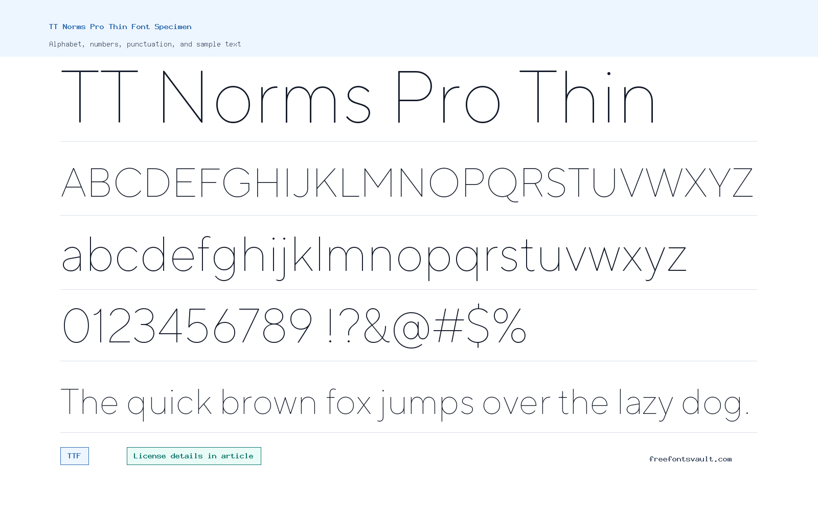TT Norms Pro Thin font specimen showing alphabet, numbers, and sample text