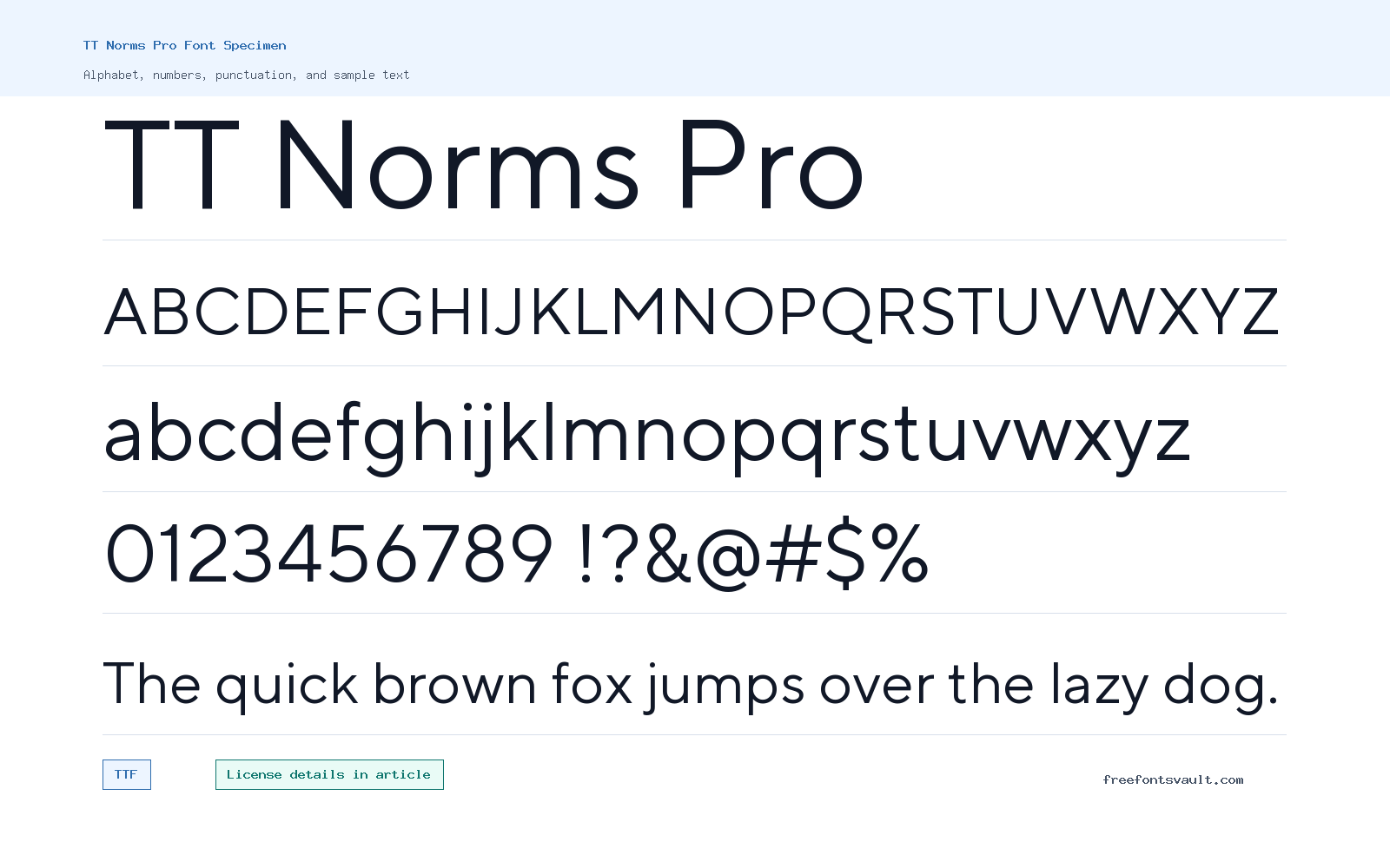 TT Norms Pro font specimen showing alphabet, numbers, and sample text