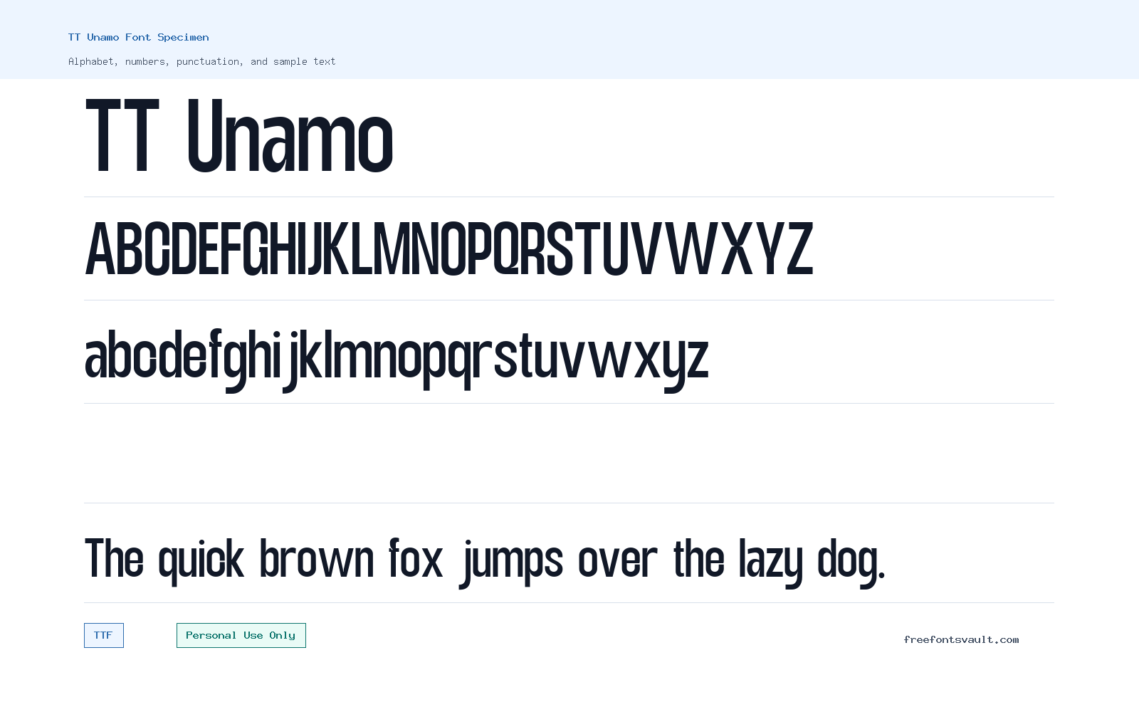 TT Unamo font specimen showing alphabet, numbers, and sample text