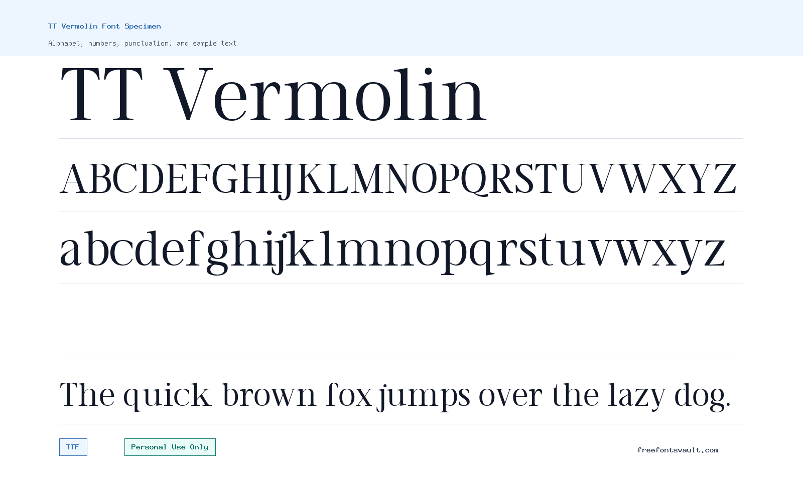 TT Vermolin font specimen showing alphabet, numbers, and sample text