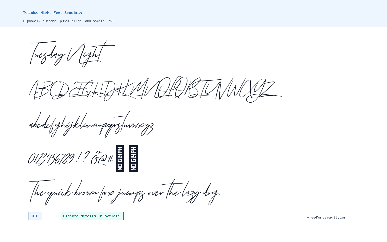 Tuesday Night font specimen showing alphabet, numbers, and sample text