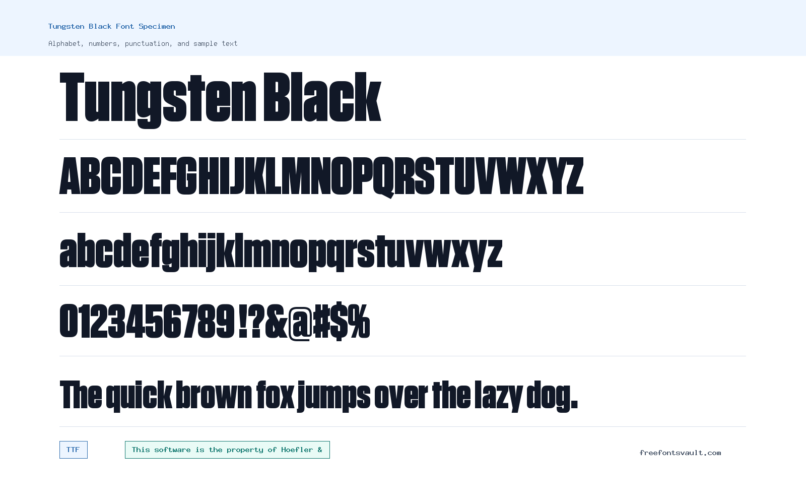 Tungsten Black font specimen showing alphabet, numbers, and sample text