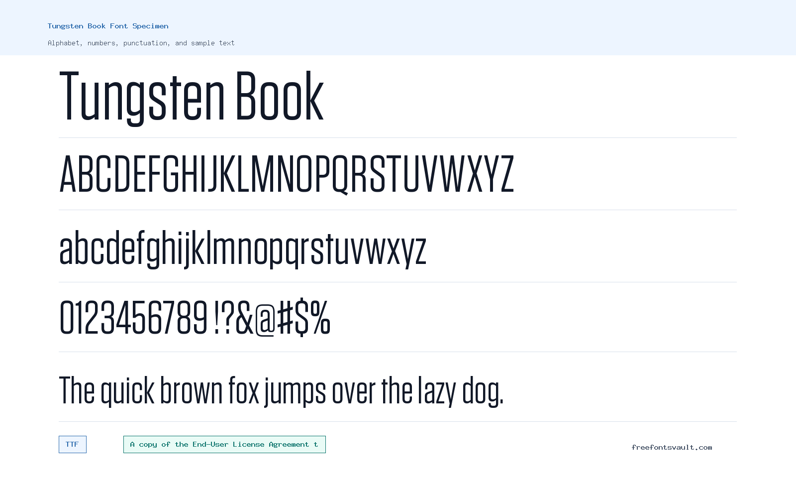Tungsten Book font specimen showing alphabet, numbers, and sample text