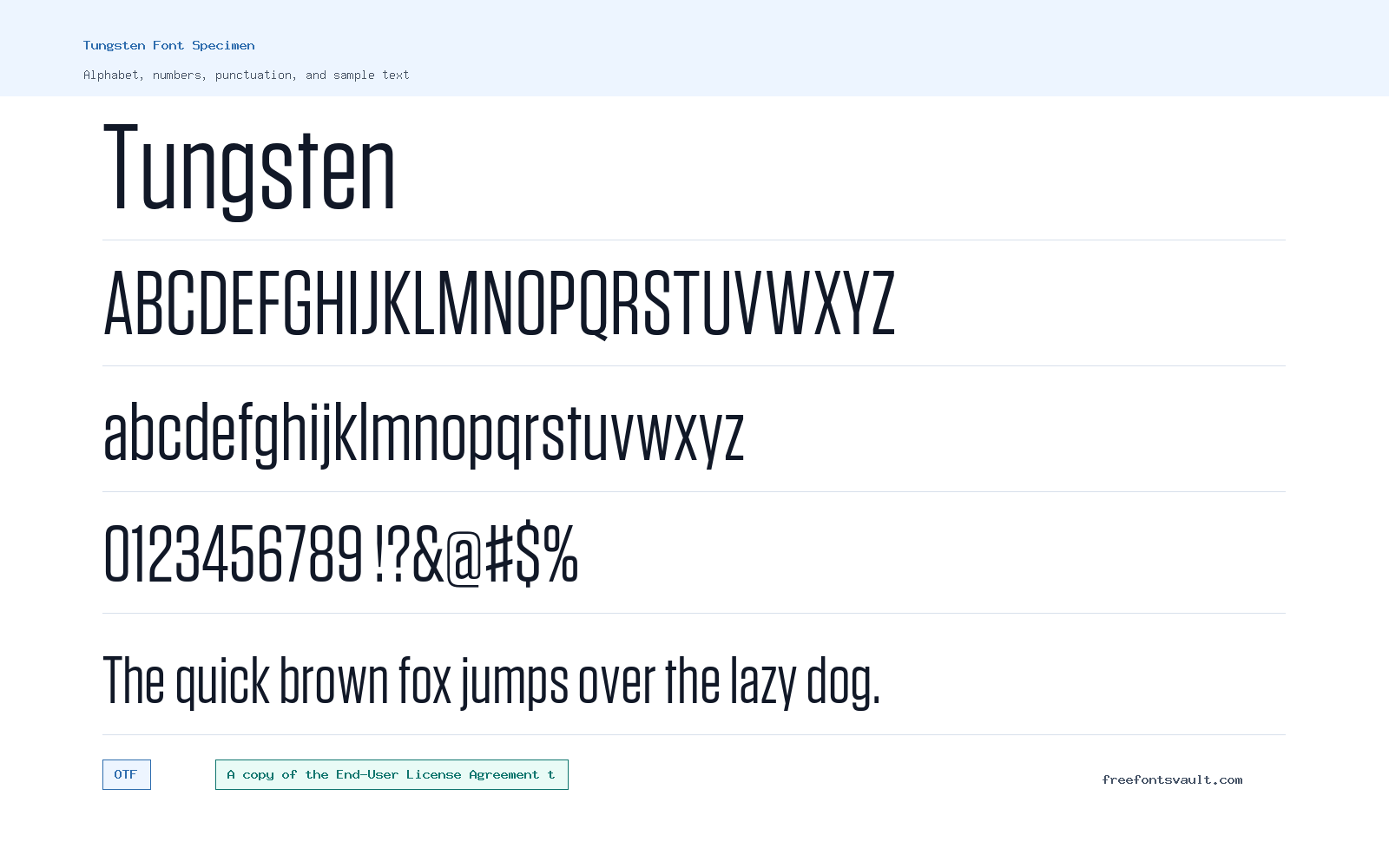 Tungsten font specimen showing alphabet, numbers, and sample text