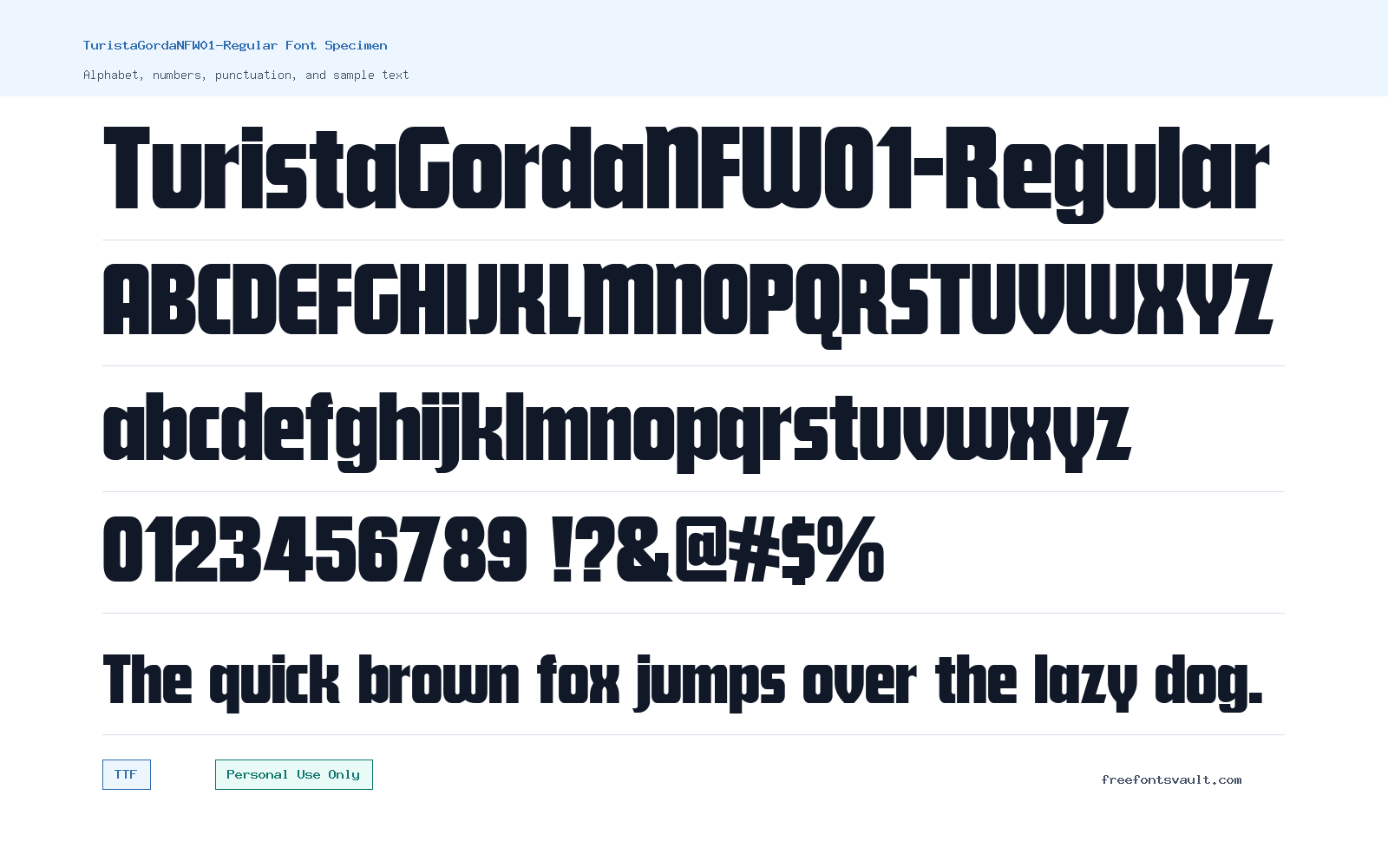 TuristaGordaNFW01-Regular font specimen showing alphabet, numbers, and sample text