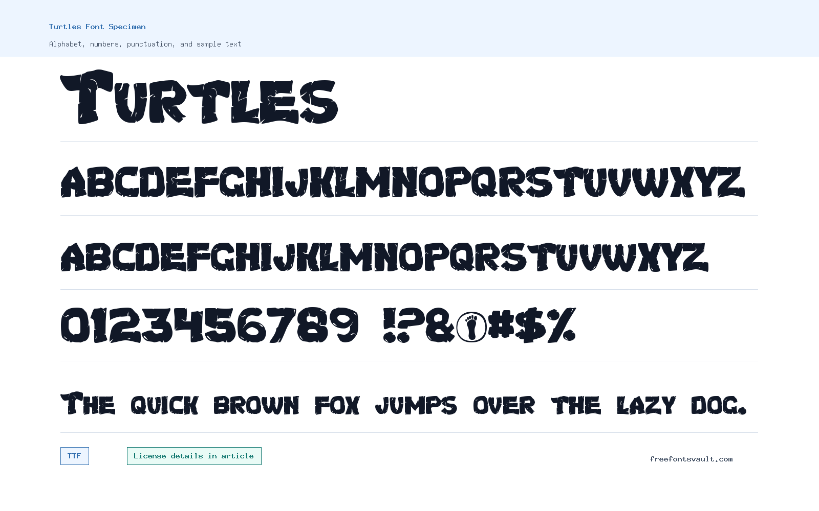 Turtles font specimen showing alphabet, numbers, and sample text