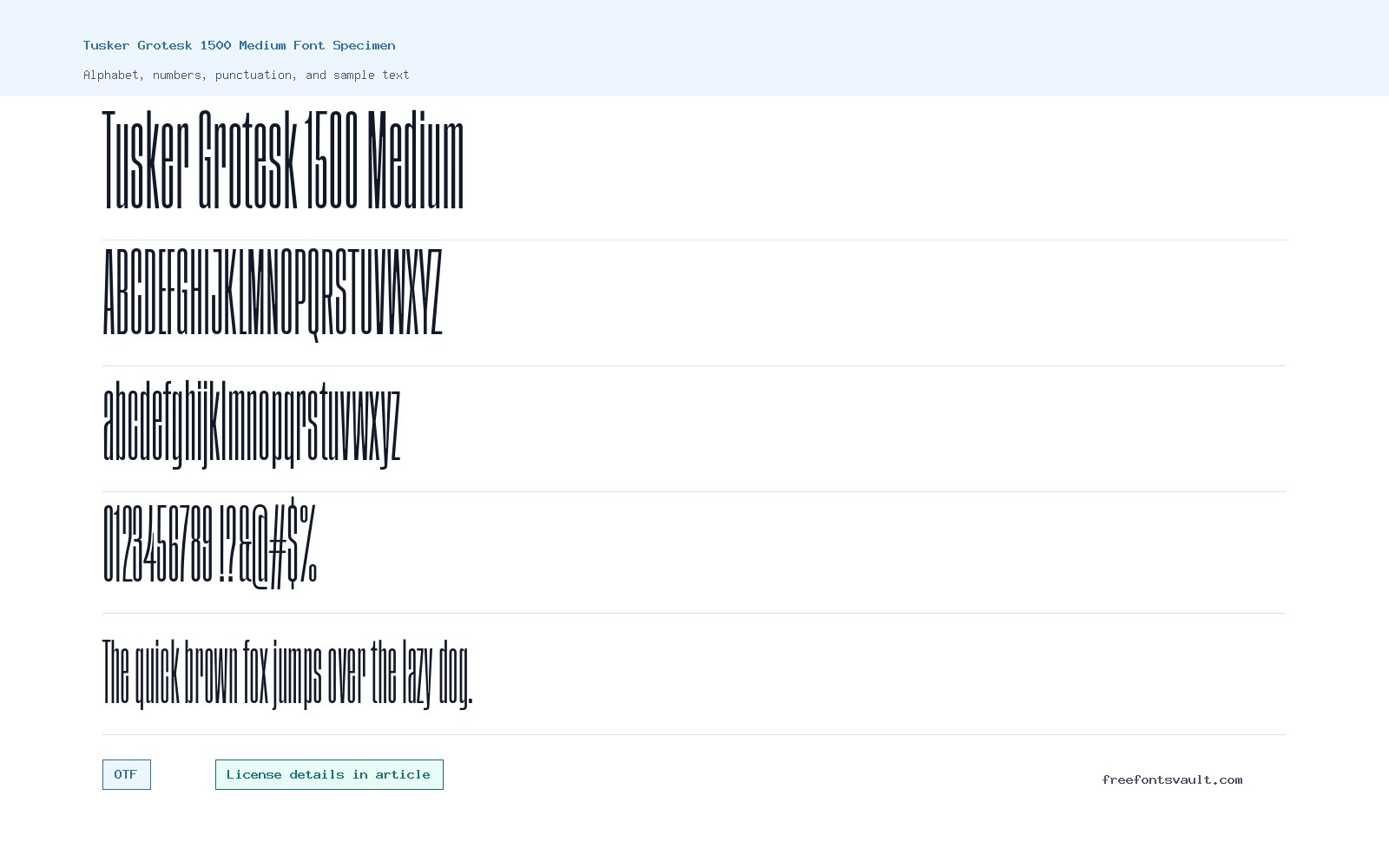 Tusker Grotesk 1500 Medium font specimen showing alphabet, numbers, and sample text