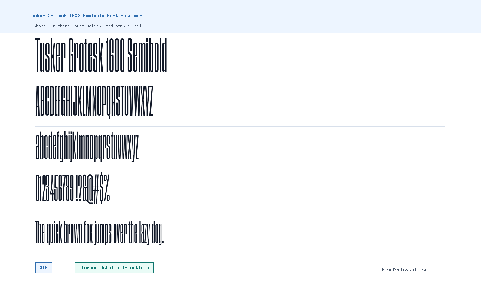 Tusker Grotesk 1600 Semibold font specimen showing alphabet, numbers, and sample text